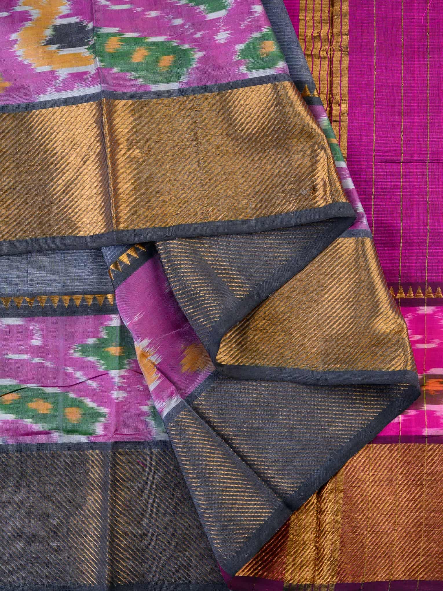 Handloom Mangalagiri Silk Cotton Saree in Grey and Magenta with Ikat Border