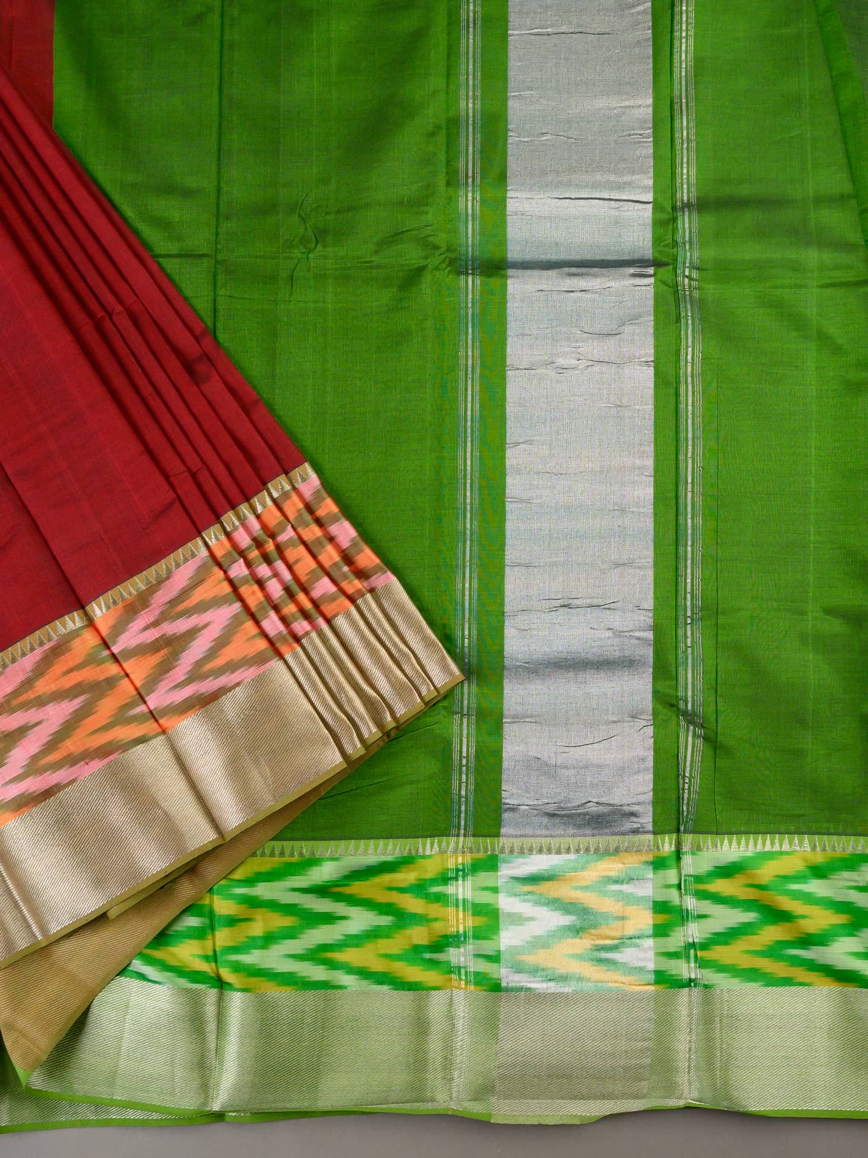 Handloom Mangalagiri Silk Cotton Saree in Maroon and Green with Ikat Border