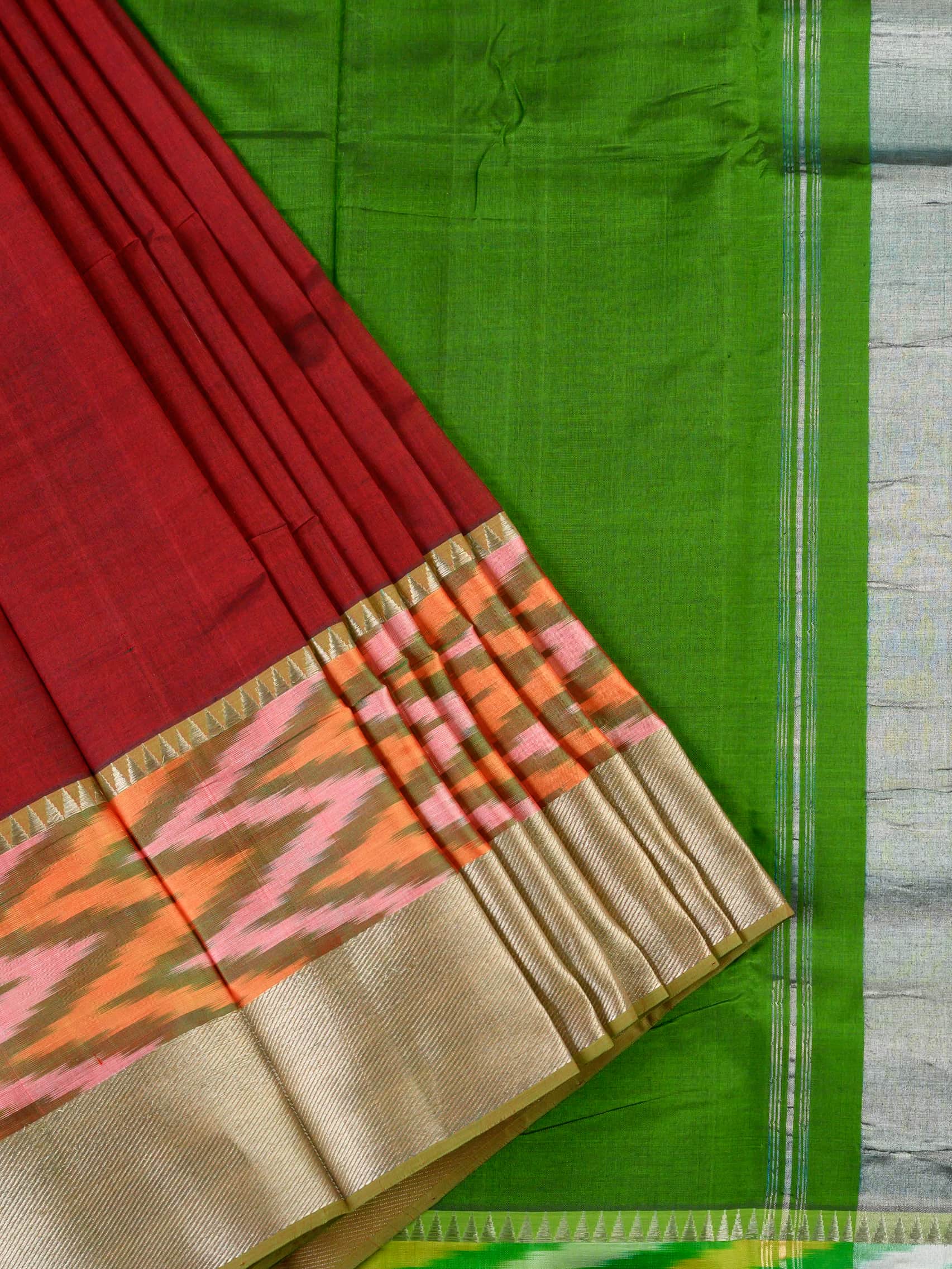 Handloom Mangalagiri Silk Cotton Saree in Maroon and Green with Ikat Border