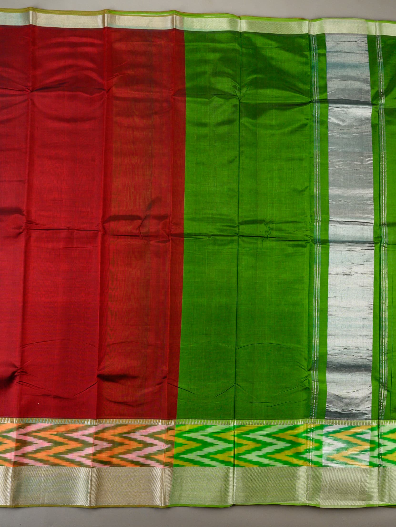 Handloom Mangalagiri Silk Cotton Saree in Maroon and Green with Ikat Border