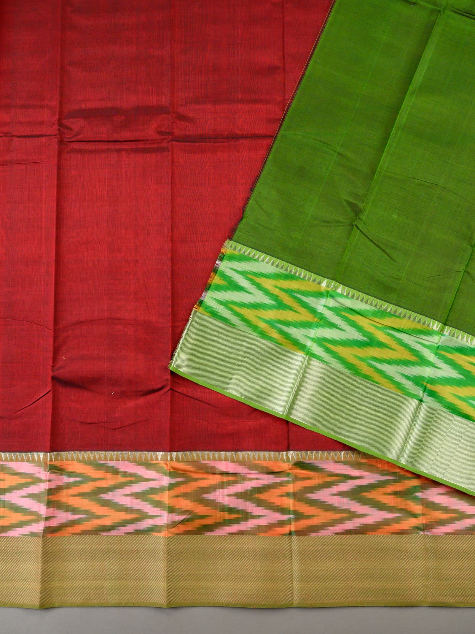 Handloom Mangalagiri Silk Cotton Saree in Maroon and Green with Ikat Border