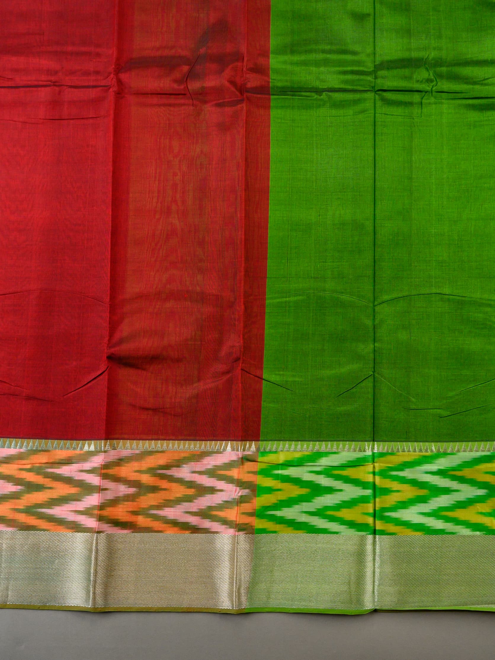 Handloom Mangalagiri Silk Cotton Saree in Maroon and Green with Ikat Border