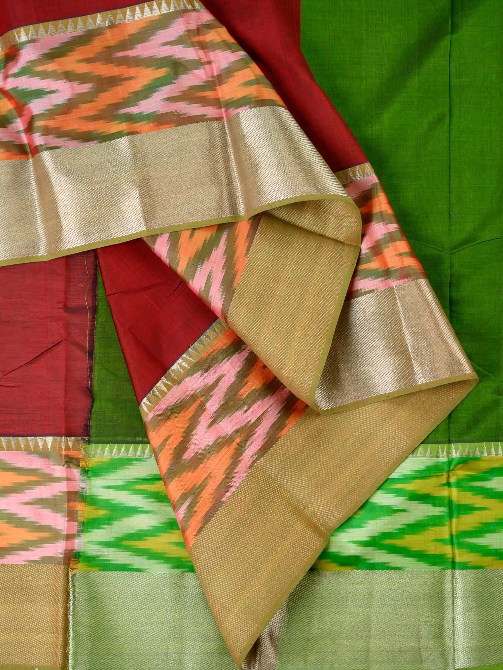 Handloom Mangalagiri Silk Cotton Saree in Maroon and Green with Ikat Border