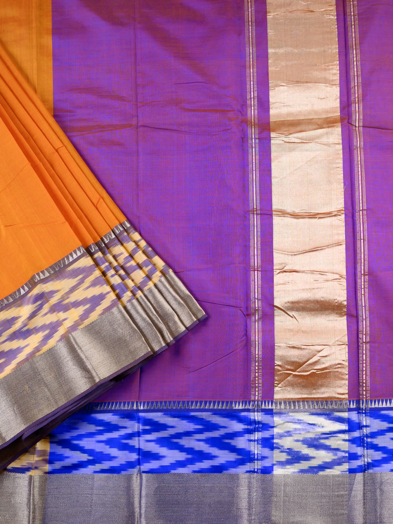 Handloom Mangalagiri Silk Cotton Saree in Orange and Purple with Ikat Border