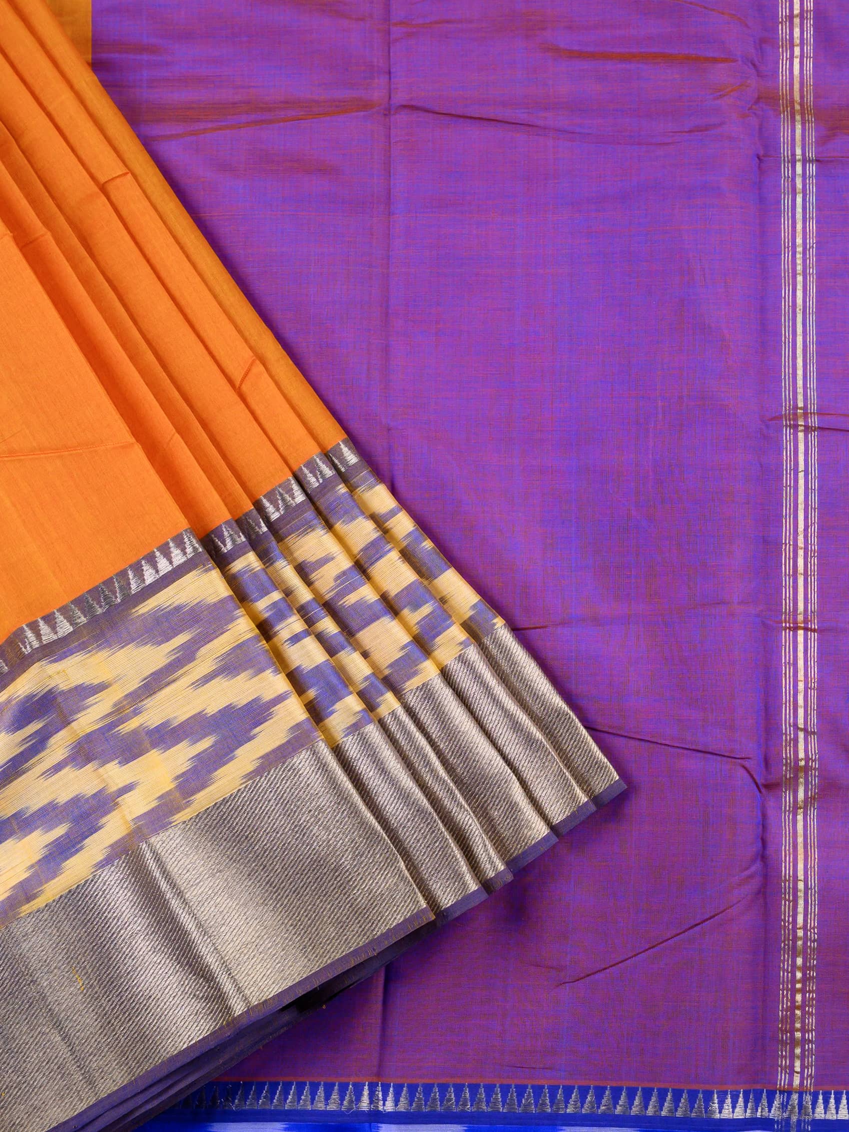 Handloom Mangalagiri Silk Cotton Saree in Orange and Purple with Ikat Border