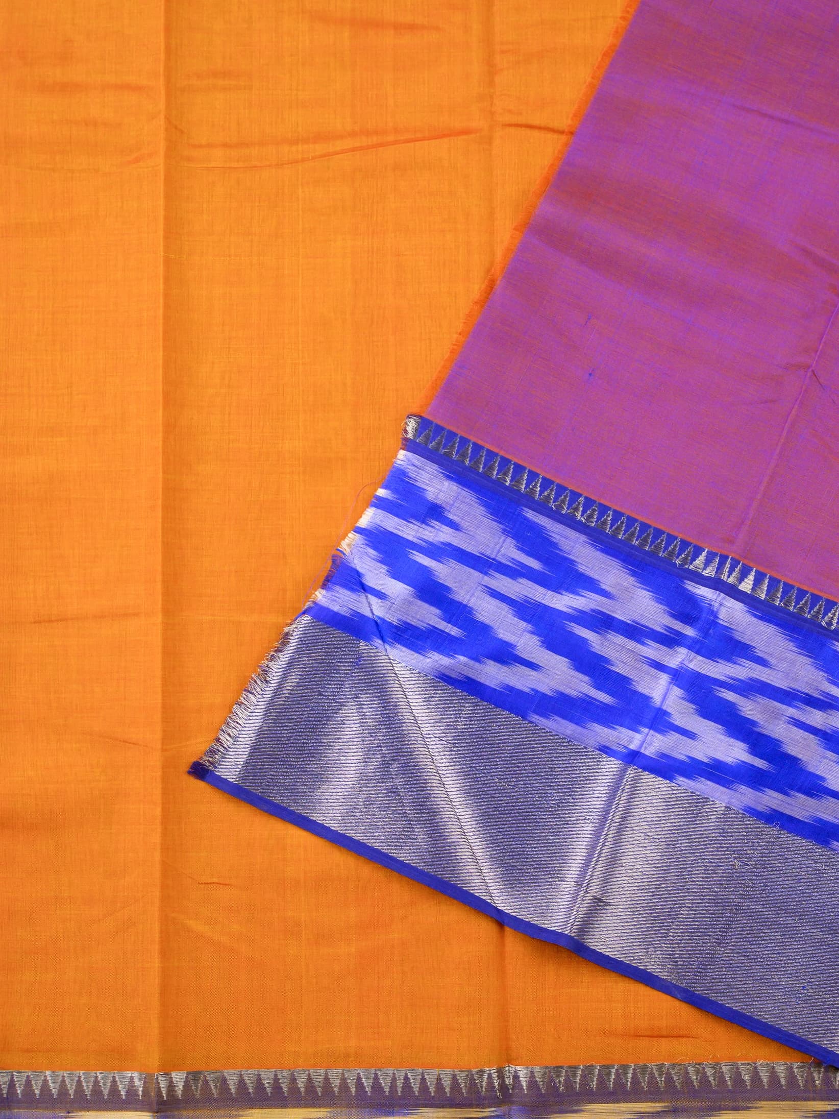 Handloom Mangalagiri Silk Cotton Saree in Orange and Purple with Ikat Border