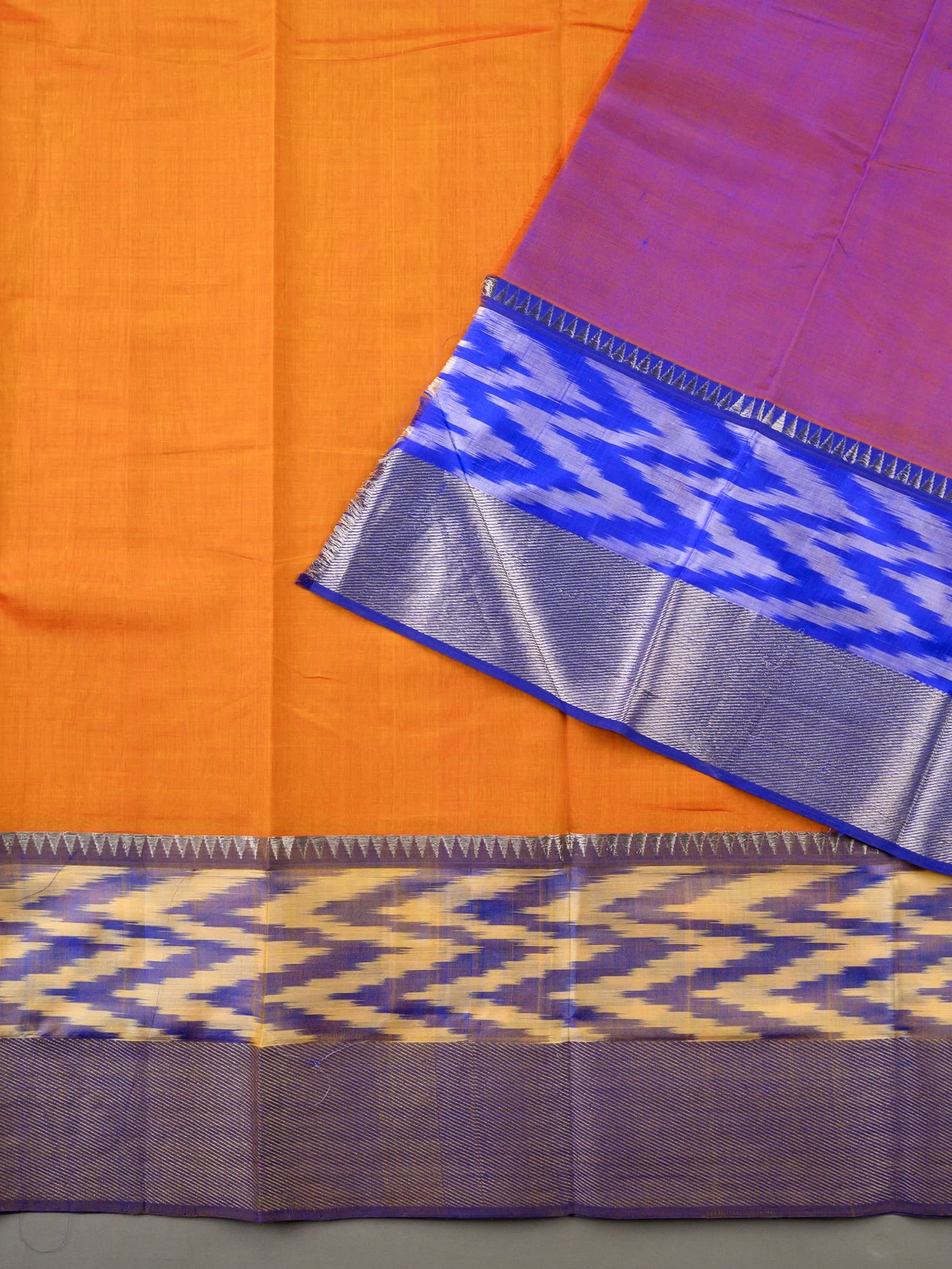 Handloom Mangalagiri Silk Cotton Saree in Orange and Purple with Ikat Border