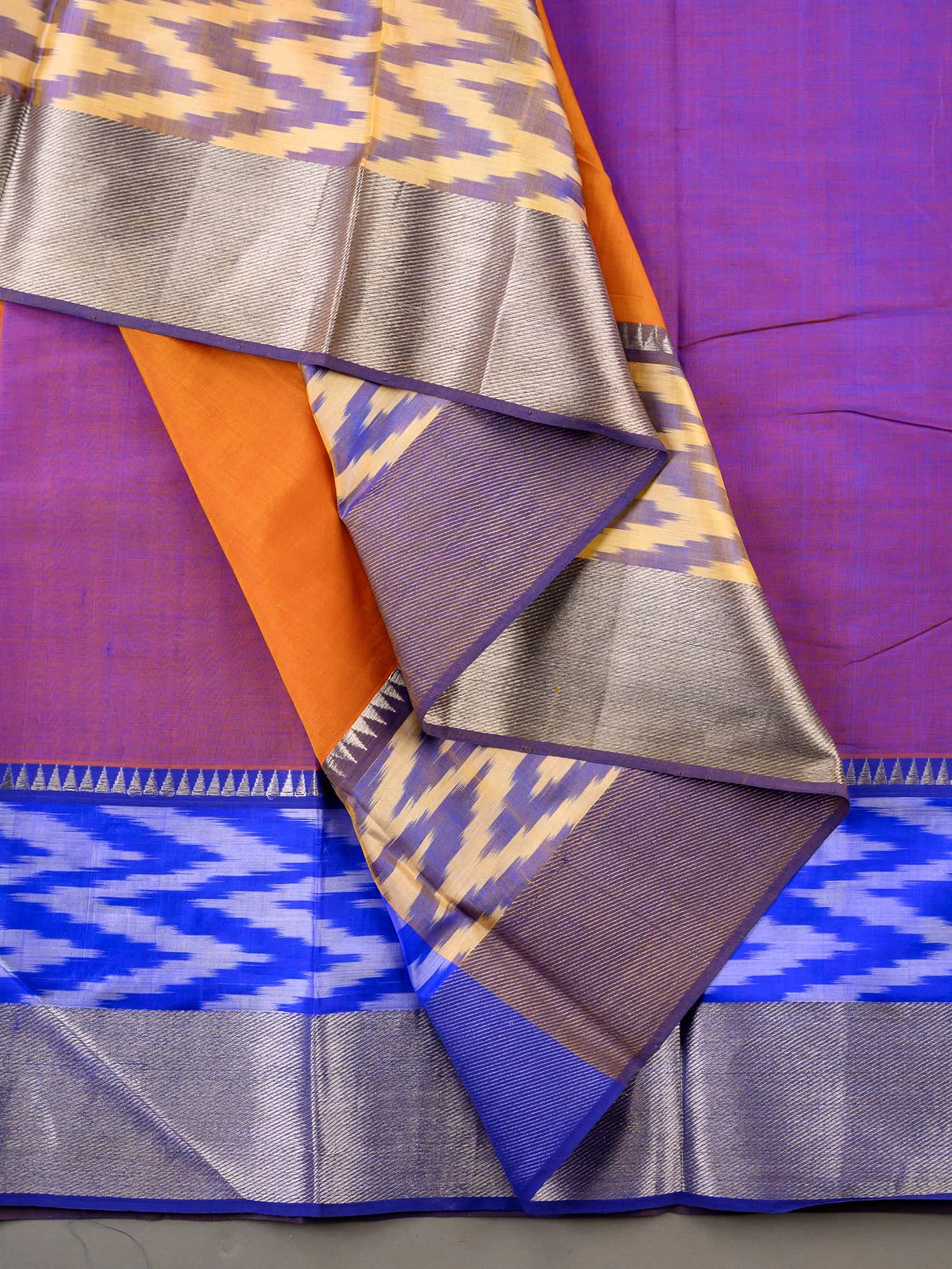 Handloom Mangalagiri Silk Cotton Saree in Orange and Purple with Ikat Border