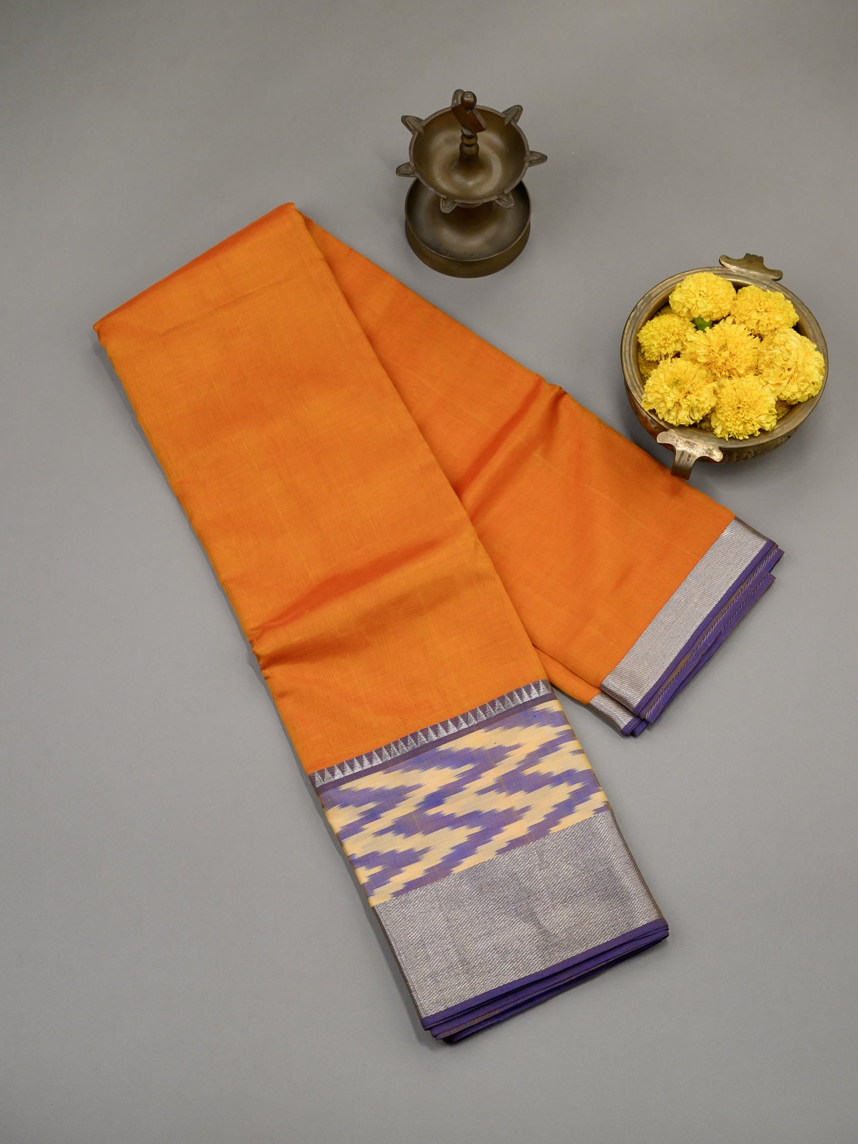 Handloom Mangalagiri silk cotton saree in orange and purple with Ikat border