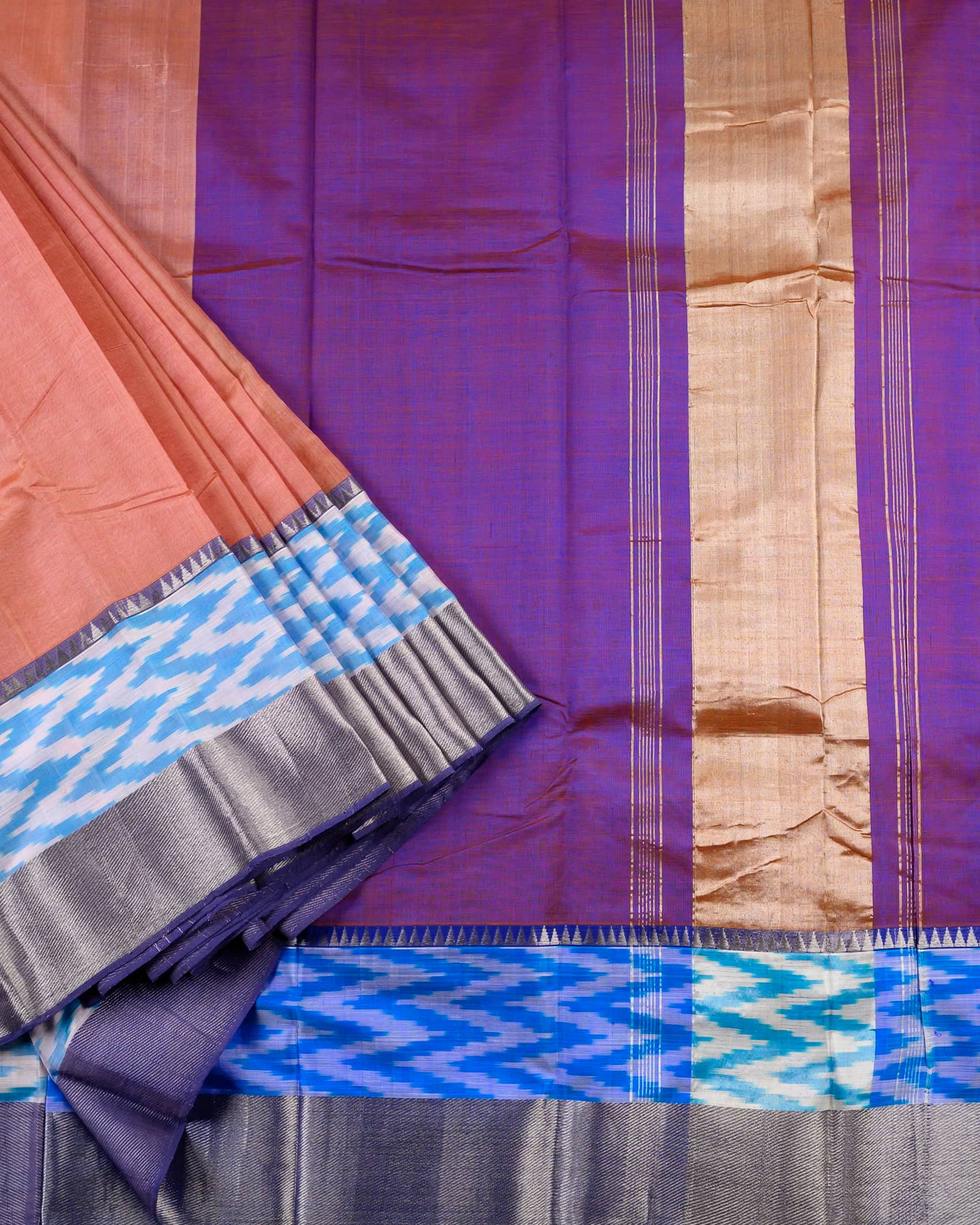 Handloom Mangalagiri Silk Cotton Saree in Peach and Purple with Ikat Border