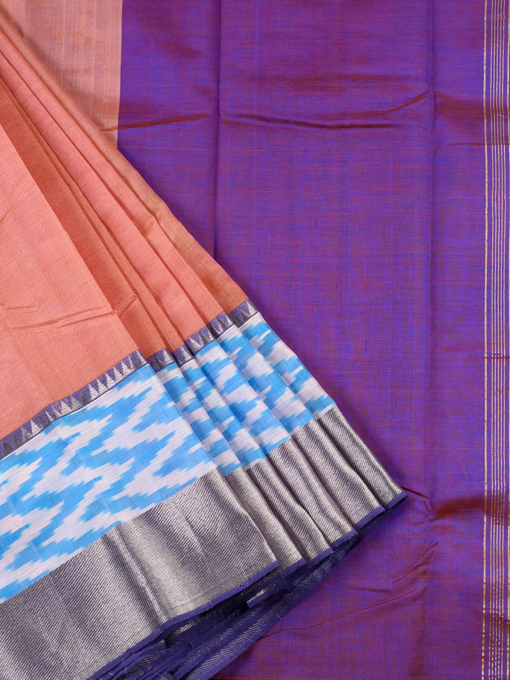 Handloom Mangalagiri Silk Cotton Saree in Peach and Purple with Ikat Border