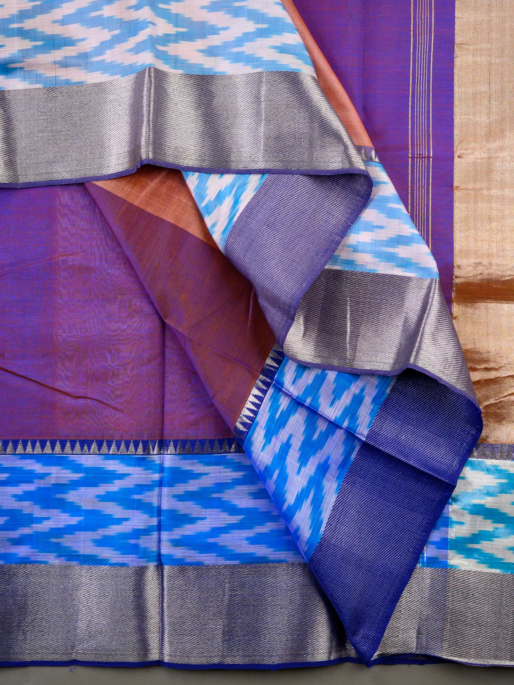 Handloom Mangalagiri Silk Cotton Saree in Peach and Purple with Ikat Border