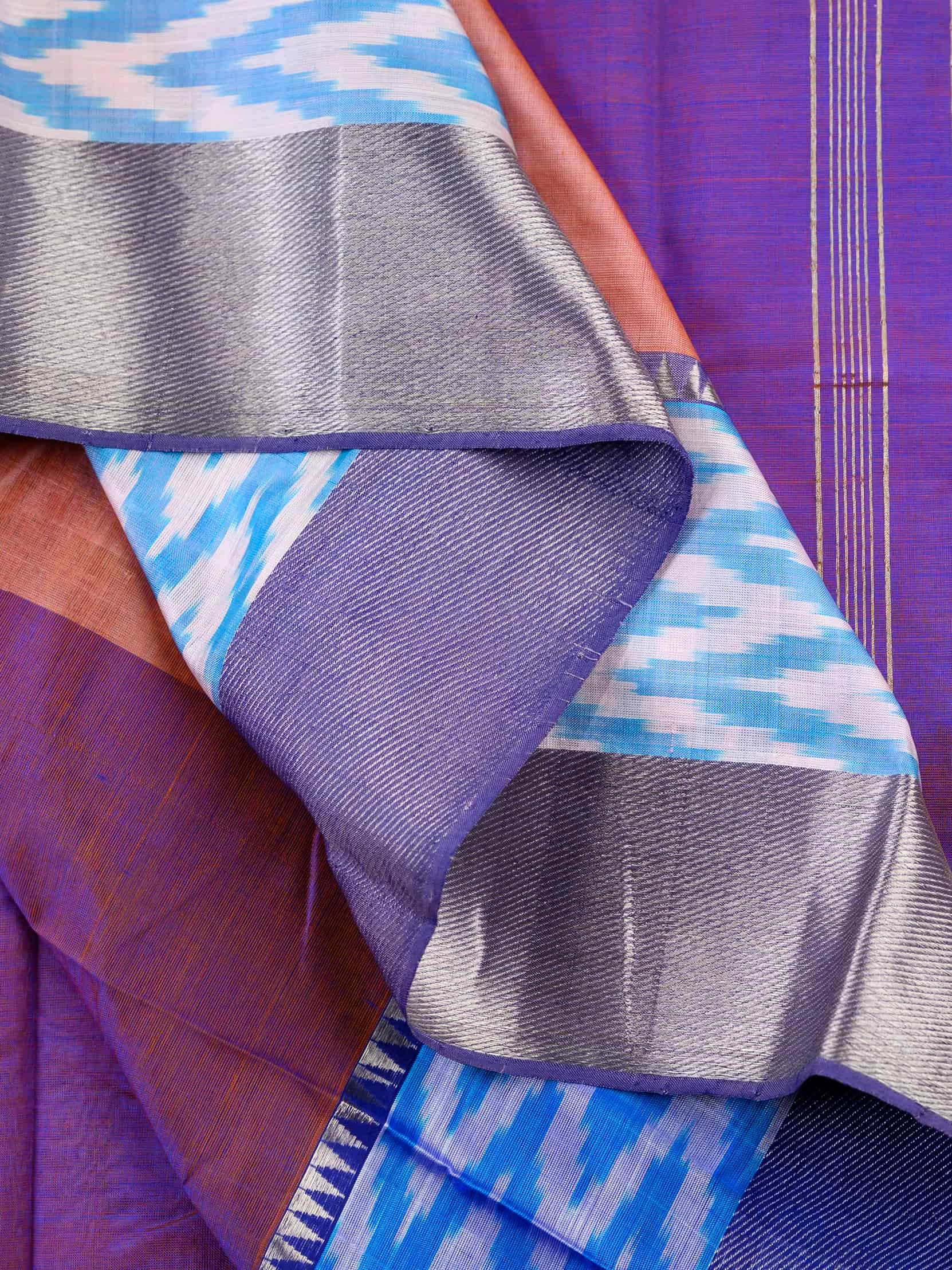 Handloom Mangalagiri Silk Cotton Saree in Peach and Purple with Ikat Border