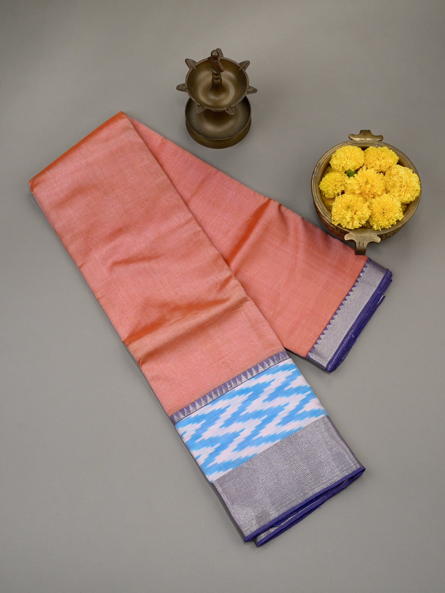 Handloom Mangalagiri silk cotton saree in peach and purple with Ikat border