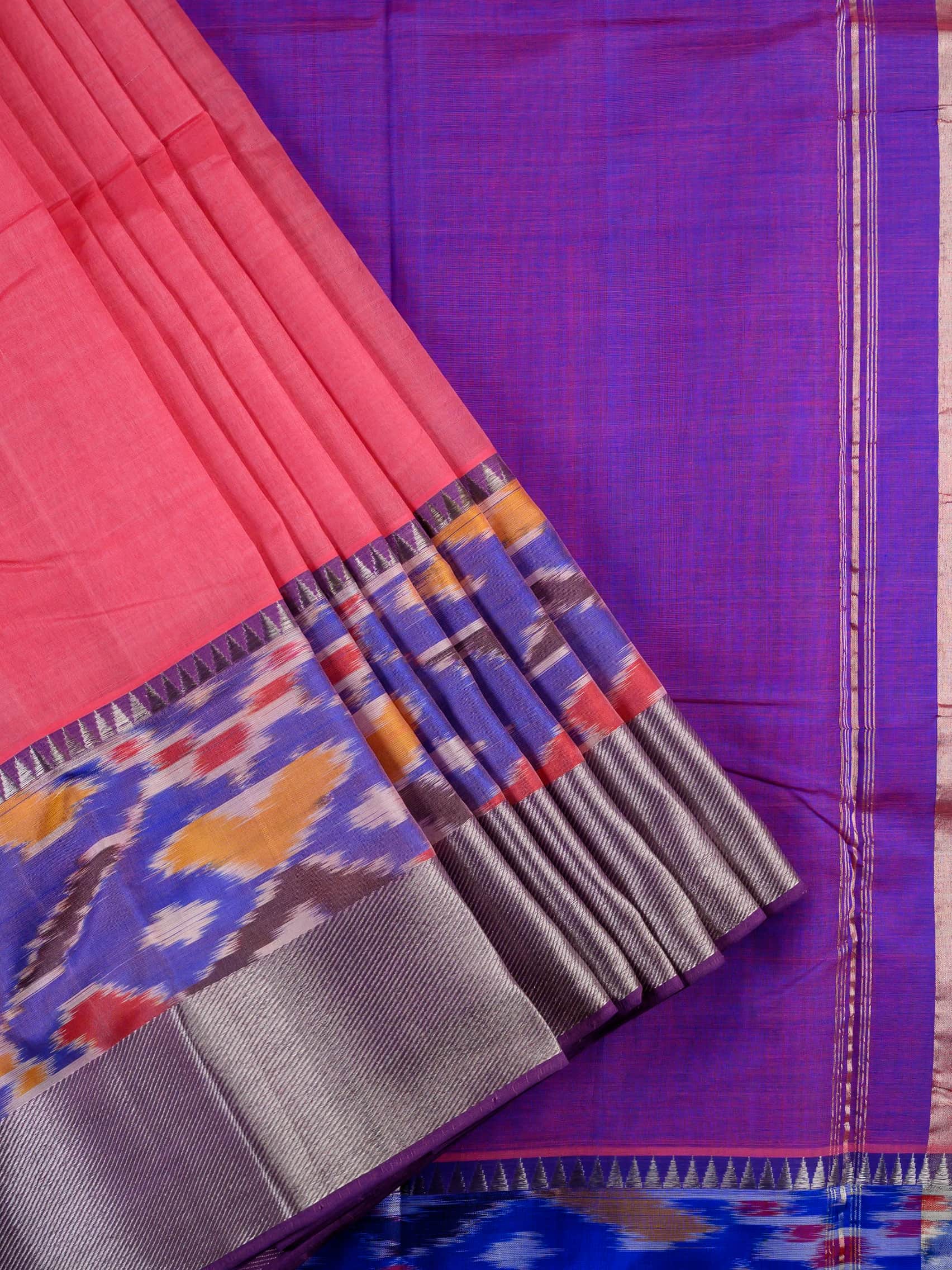 Handloom Mangalagiri Silk Cotton Saree in Pink and Purple with Ikat Border
