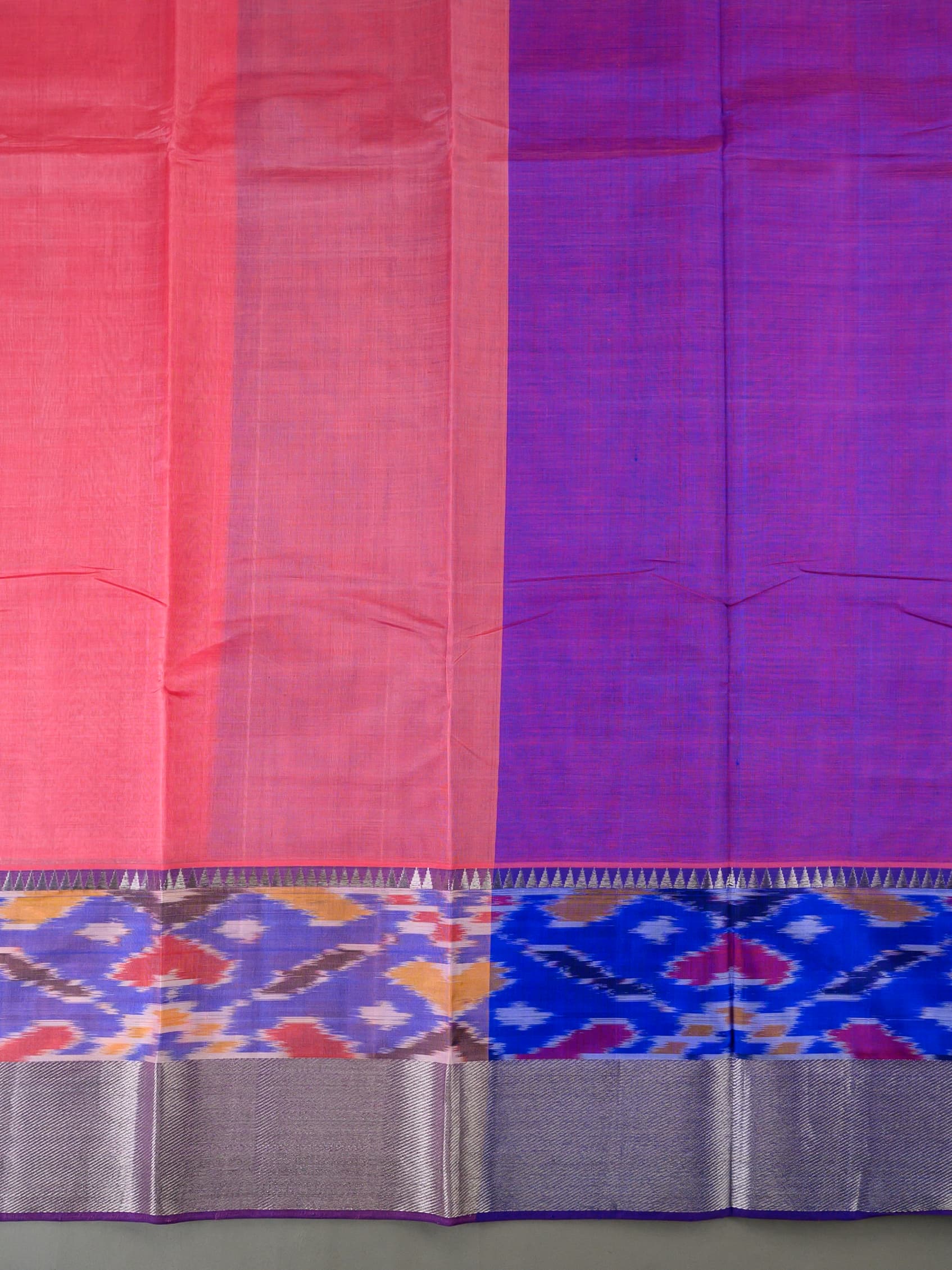 Handloom Mangalagiri Silk Cotton Saree in Pink and Purple with Ikat Border