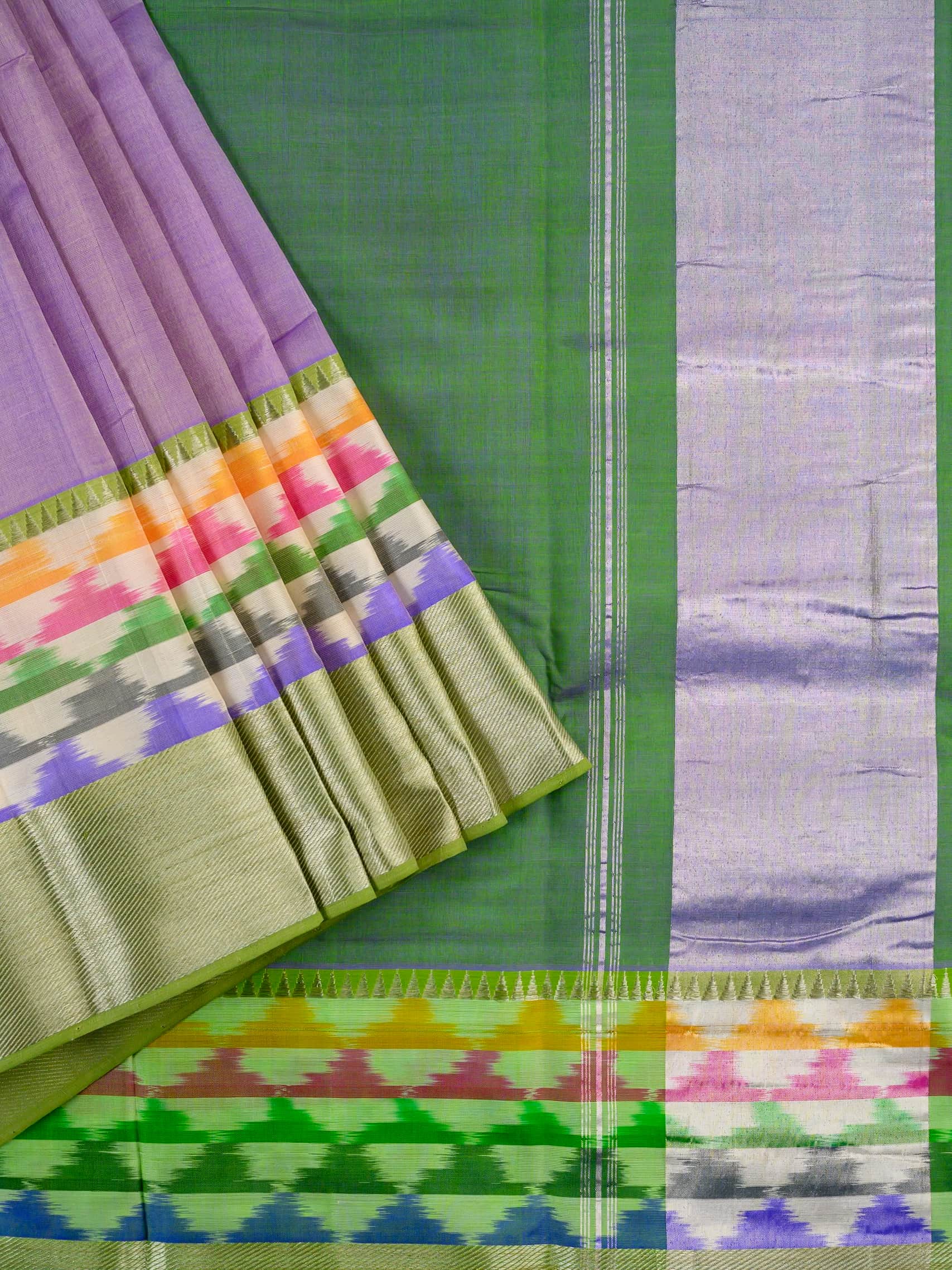 Handloom Mangalagiri Silk Cotton Saree in Purple and Green with Multicolor Ikat Border
