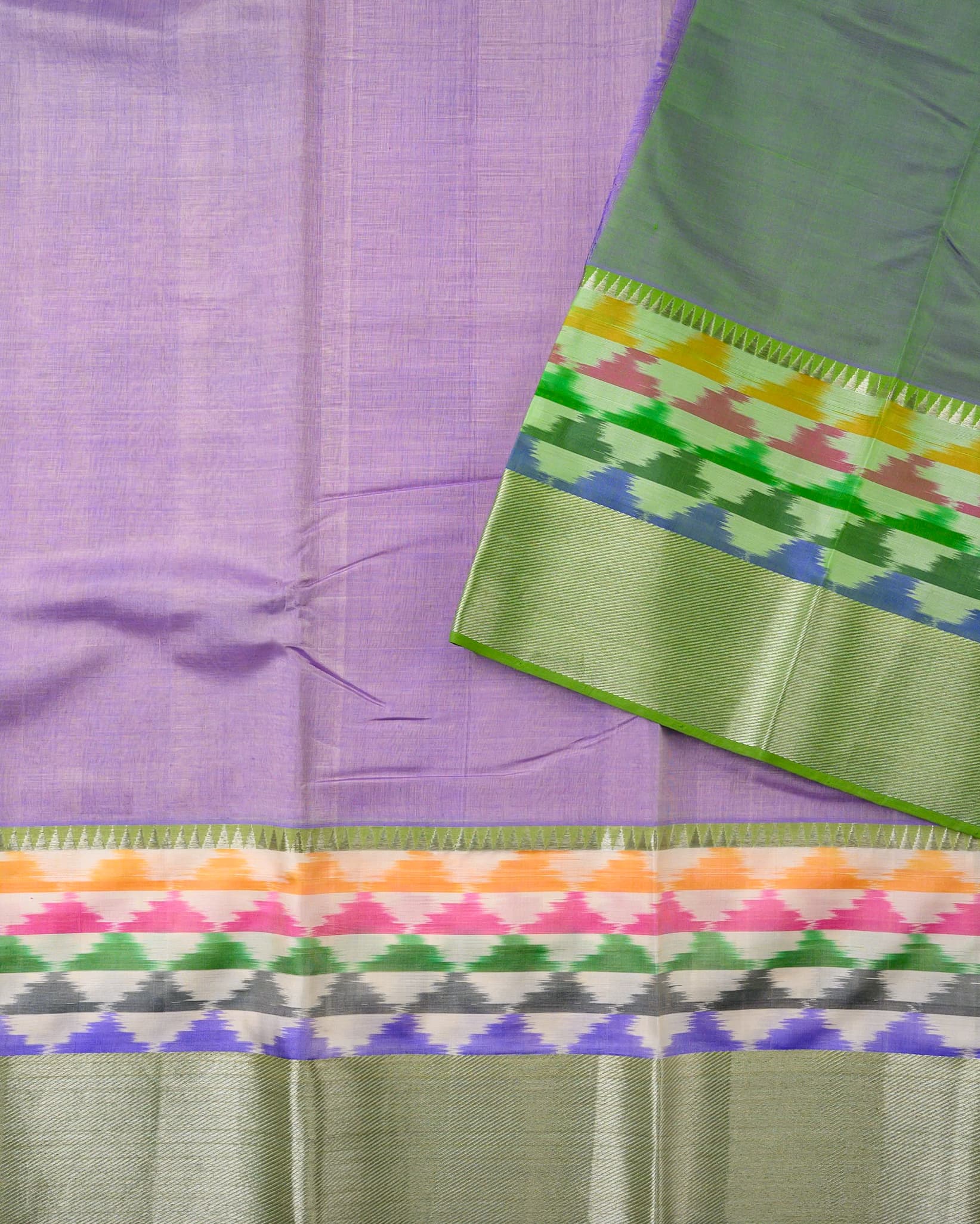 Handloom Mangalagiri Silk Cotton Saree in Purple and Green with Multicolor Ikat Border