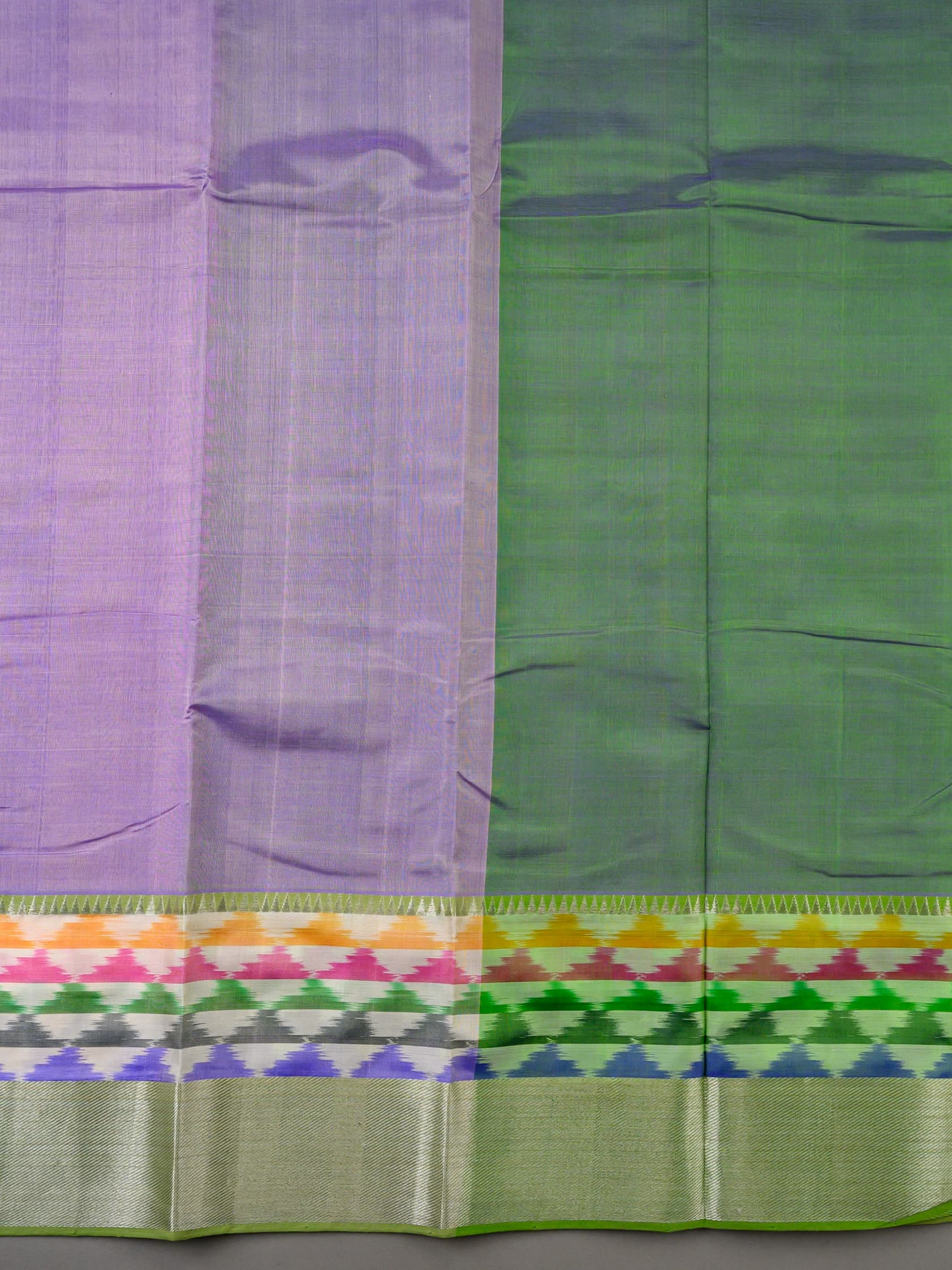 Handloom Mangalagiri Silk Cotton Saree in Purple and Green with Multicolor Ikat Border