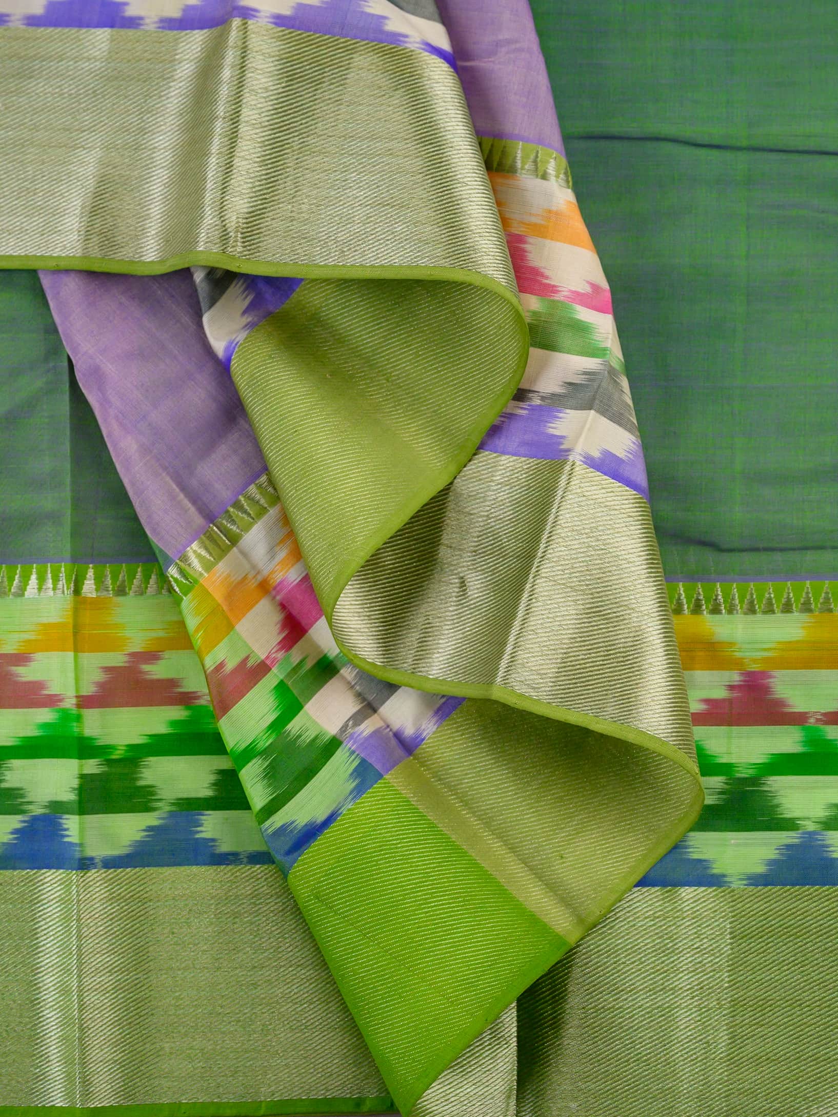 Handloom Mangalagiri Silk Cotton Saree in Purple and Green with Multicolor Ikat Border