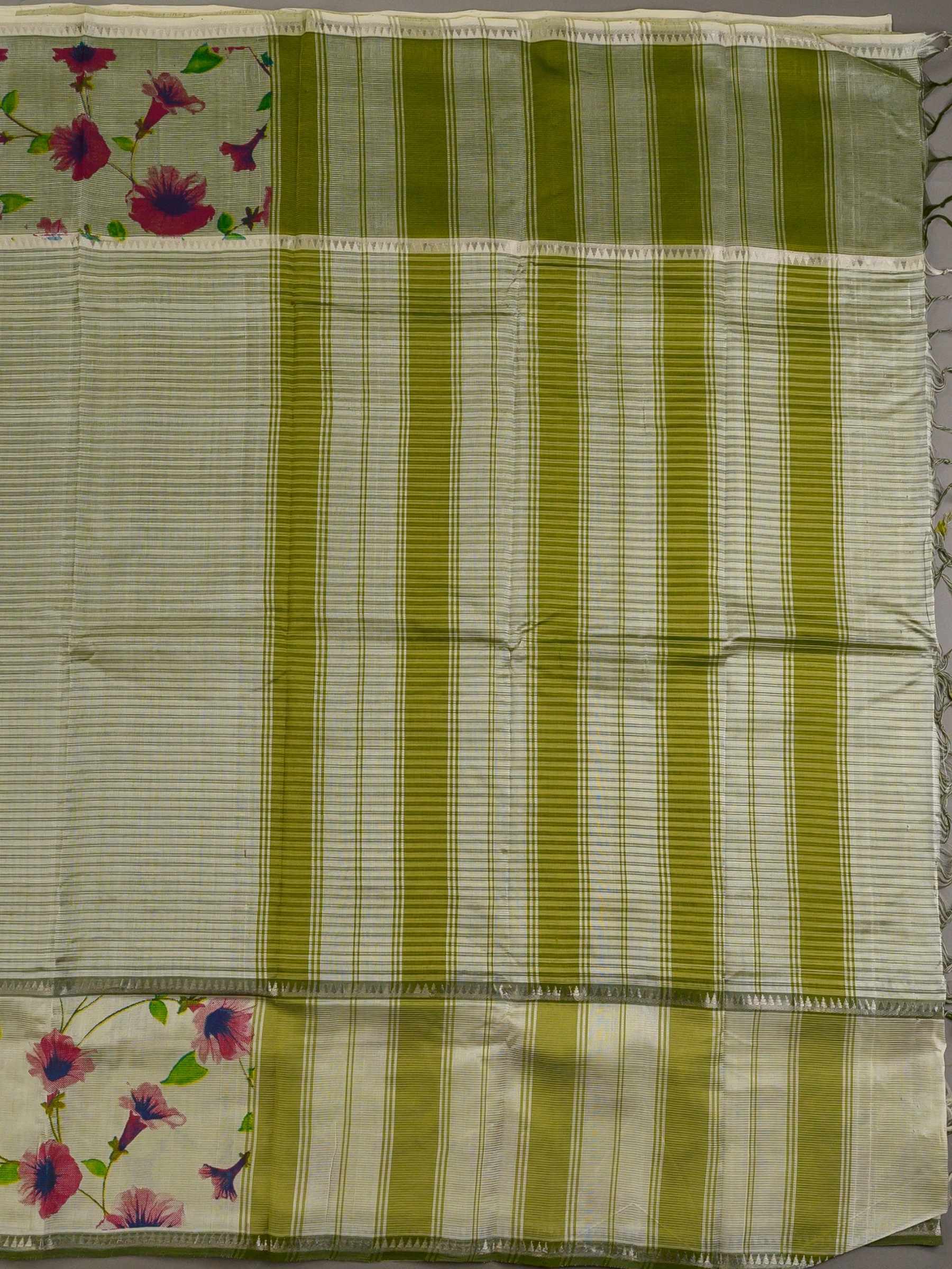 Handloom Mangalagiri Silk Cotton Saree in Olive Green and Cream with Floral Border