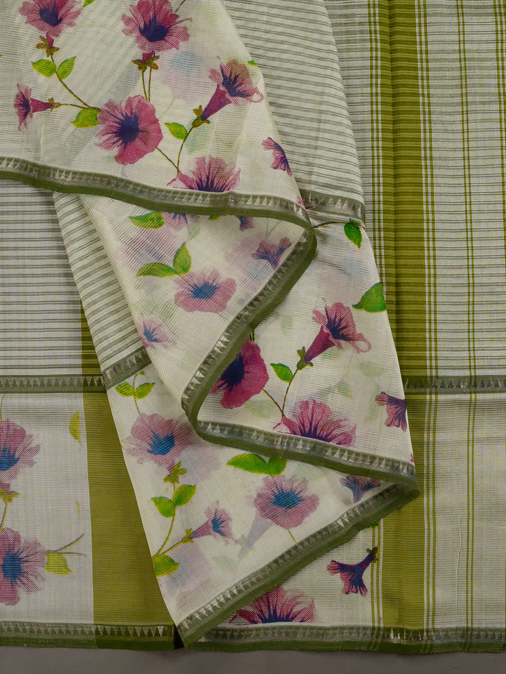 Handloom Mangalagiri Silk Cotton Saree in Olive Green and Cream with Floral Border