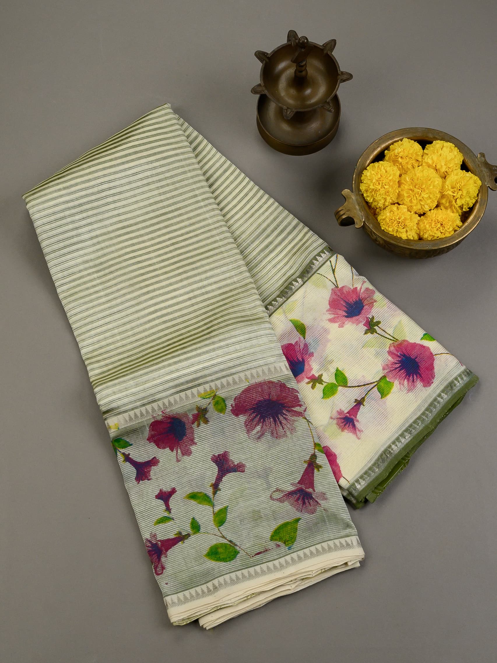 Handloom Mangalagiri silk cotton saree in olive green and cream with floral border