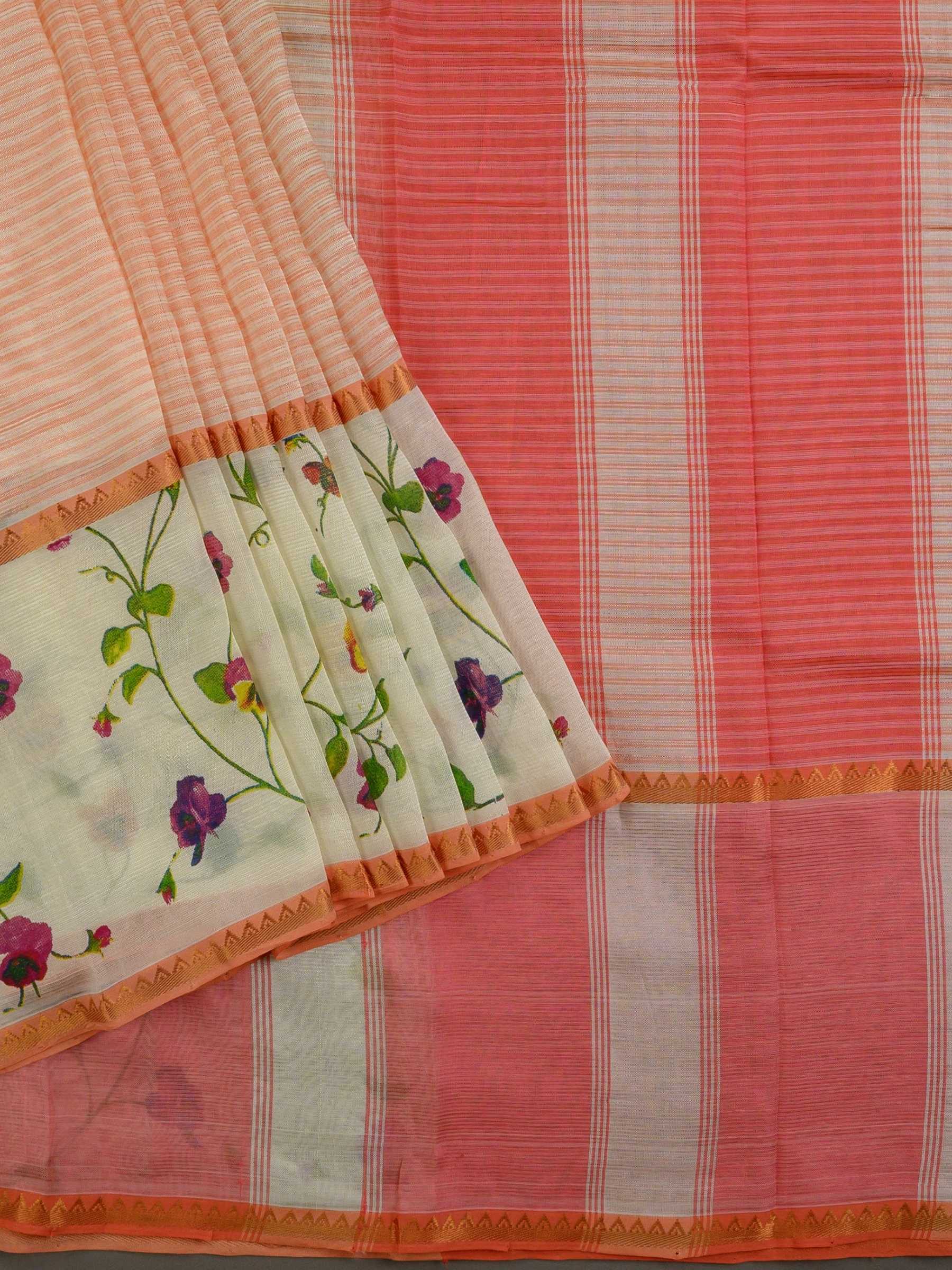 Handloom Mangalagiri Silk Cotton Saree in Peach and Cream with Floral Border