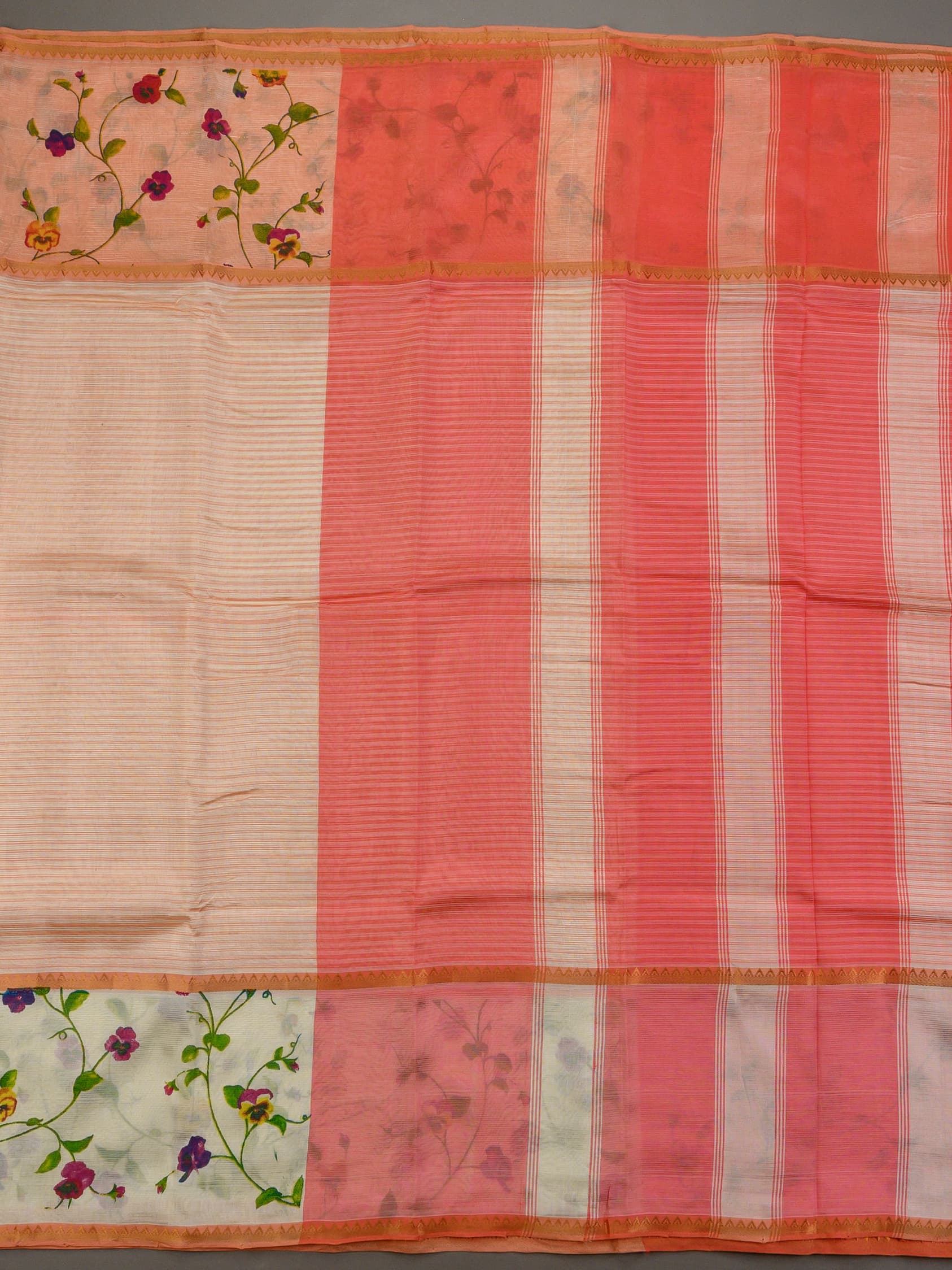Handloom Mangalagiri Silk Cotton Saree in Peach and Cream with Floral Border