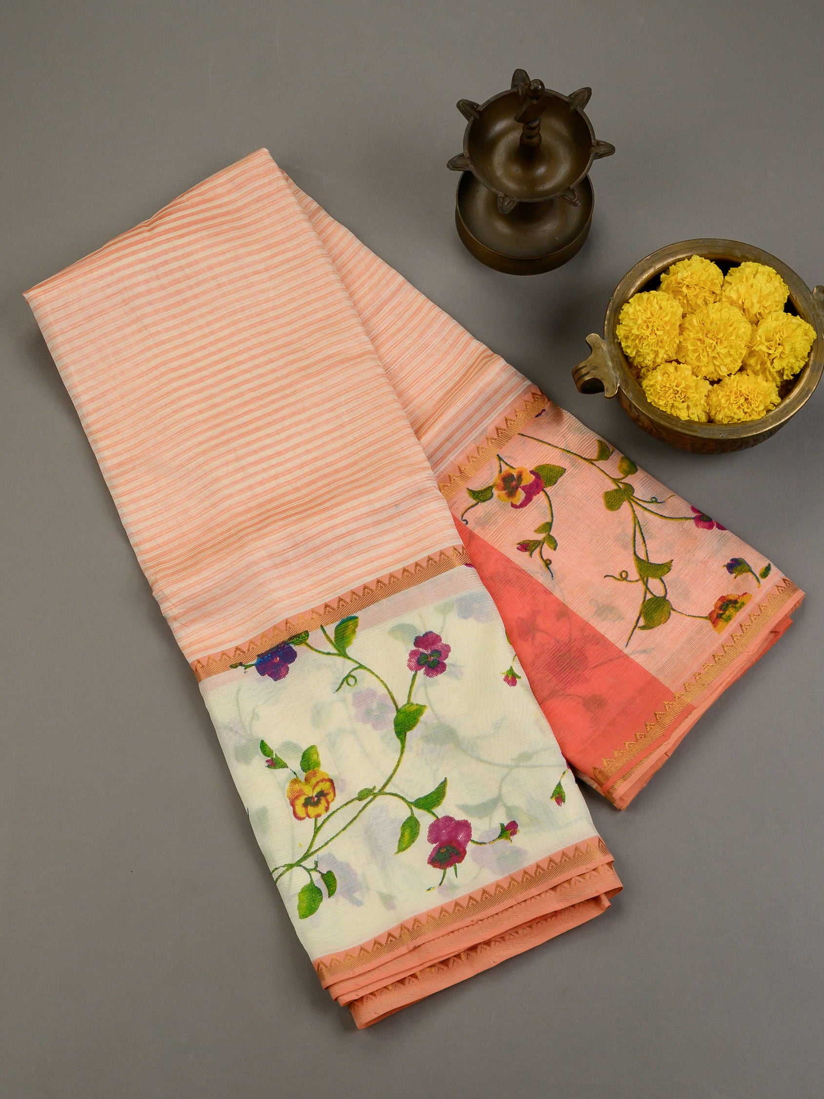 Handloom Mangalagiri silk cotton saree in peach and cream with floral border