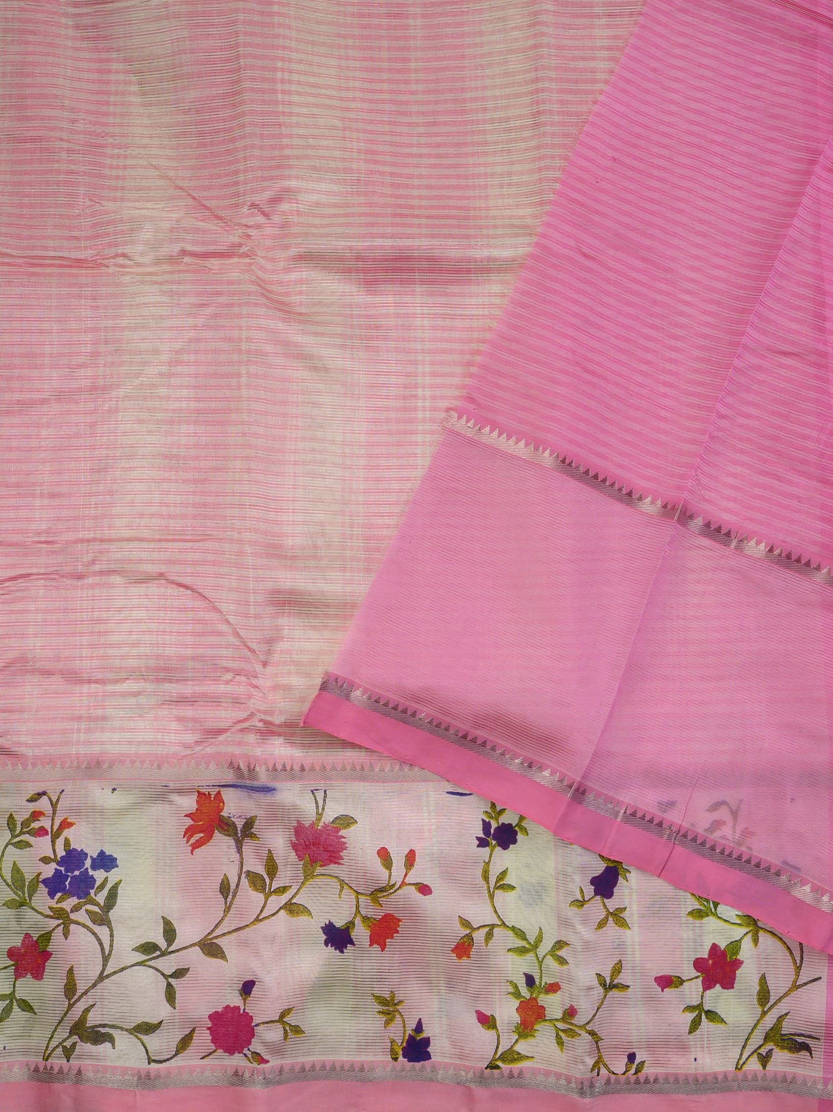 Handloom Mangalagiri Silk Cotton Saree in Pink and Cream with Floral Border