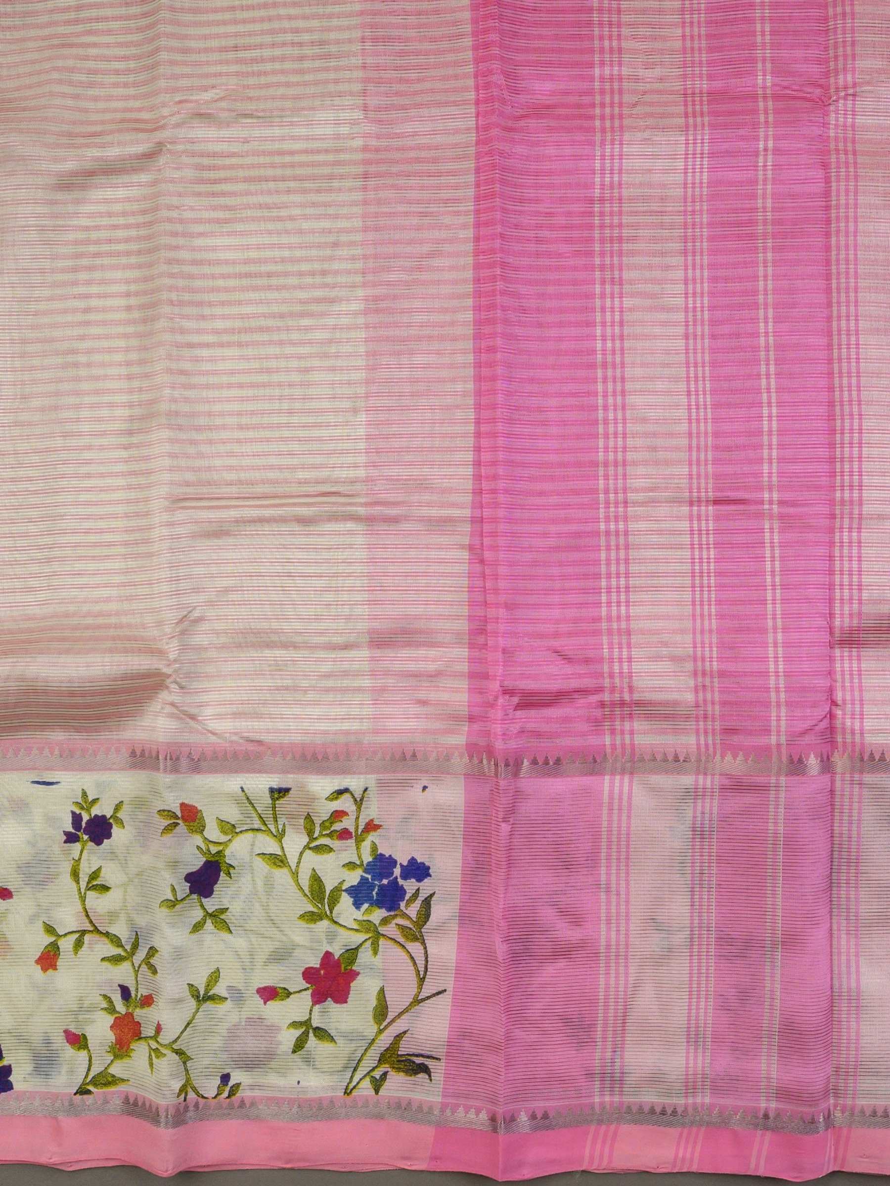 Handloom Mangalagiri Silk Cotton Saree in Pink and Cream with Floral Border