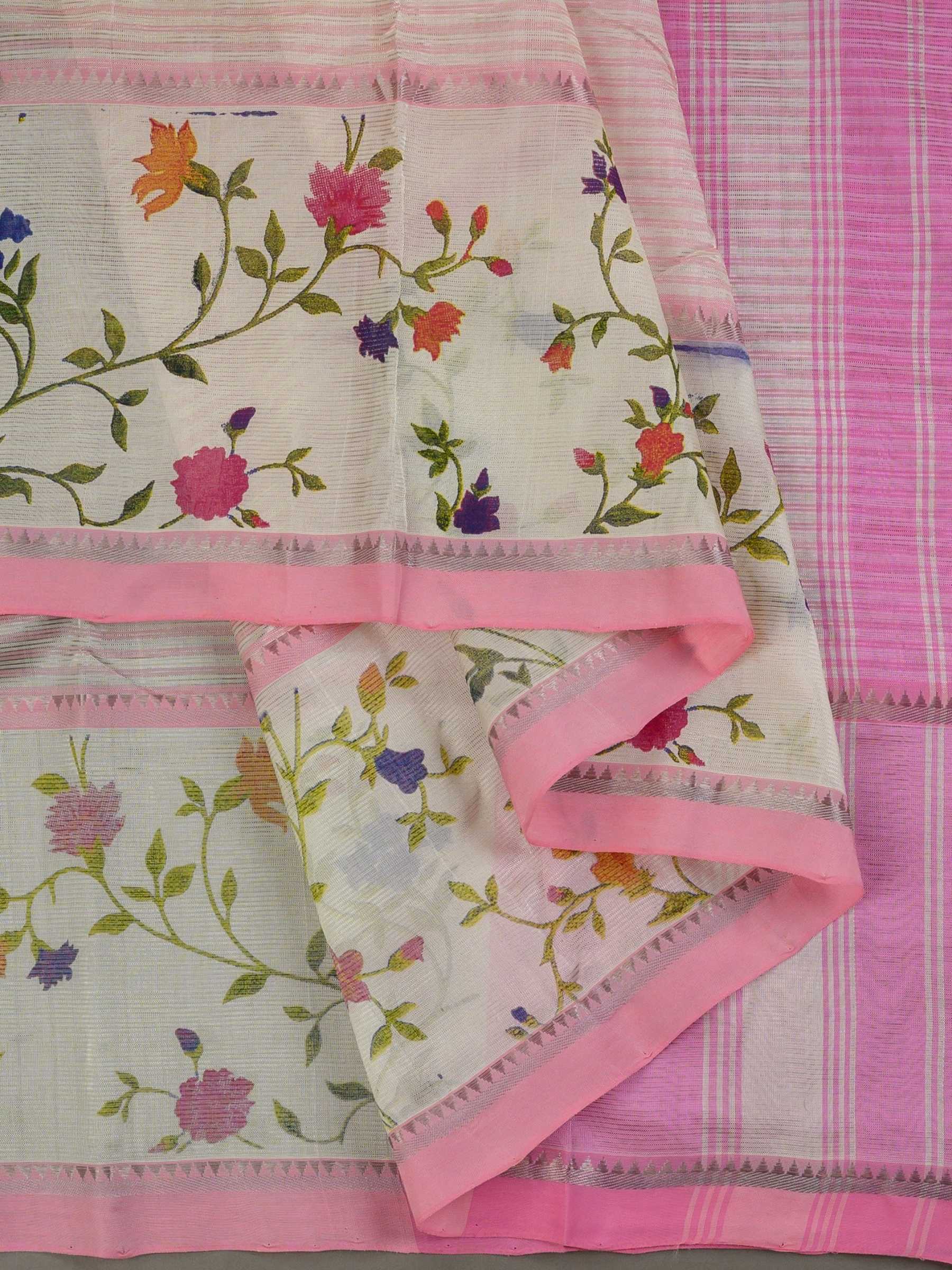 Handloom Mangalagiri Silk Cotton Saree in Pink and Cream with Floral Border