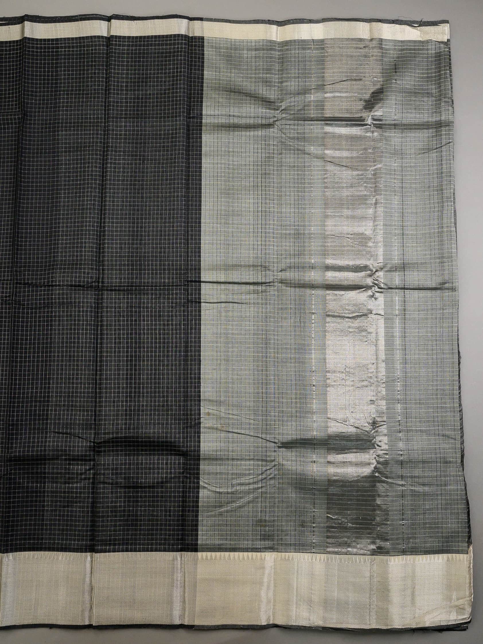 Handloom Mangalagiri Silk Cotton Saree in Black and Grey with Tissue Checked Weave