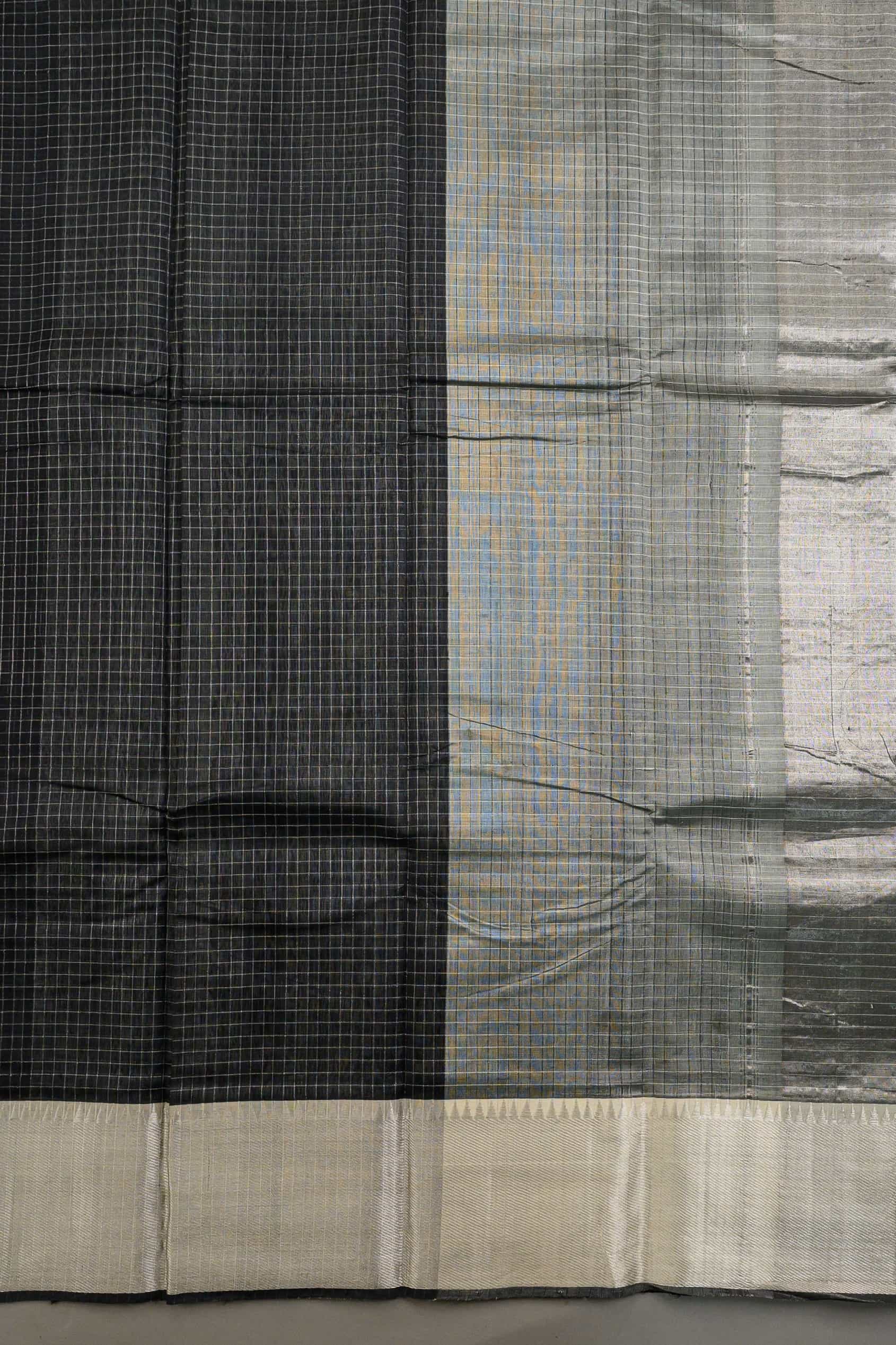 Handloom Mangalagiri Silk Cotton Saree in Black and Grey with Tissue Checked Weave