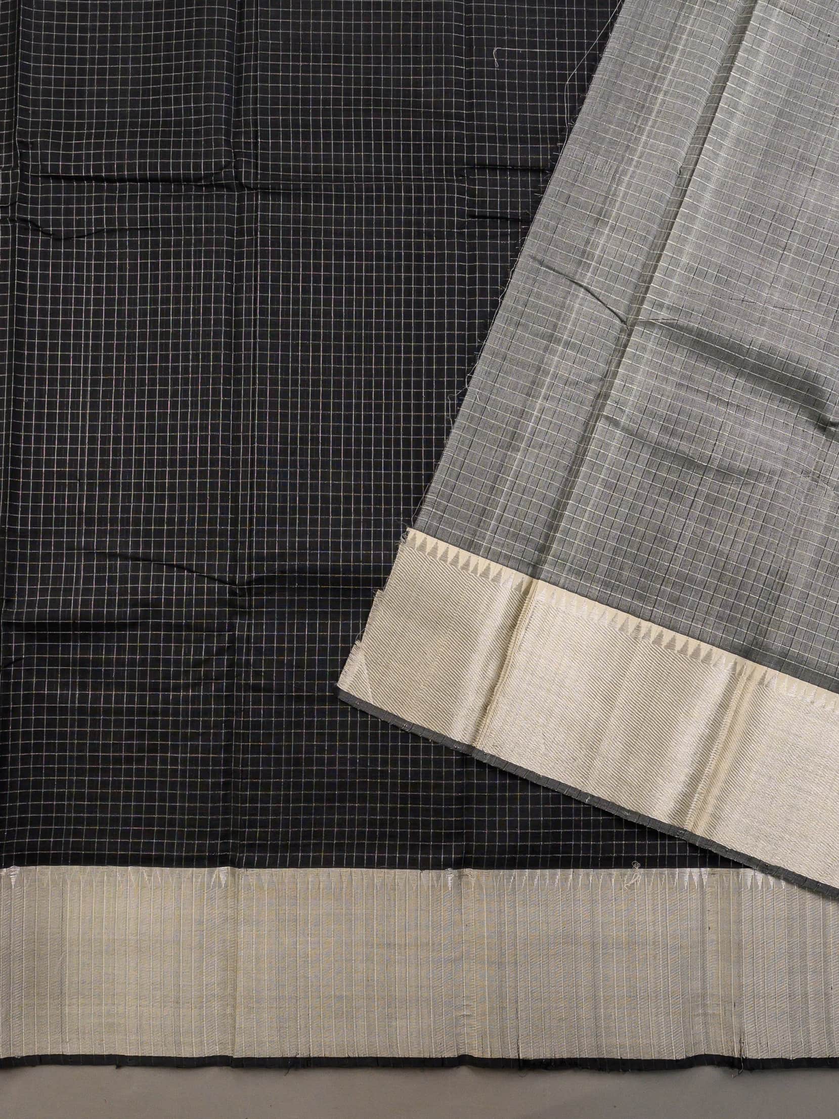 Handloom Mangalagiri Silk Cotton Saree in Black and Grey with Tissue Checked Weave