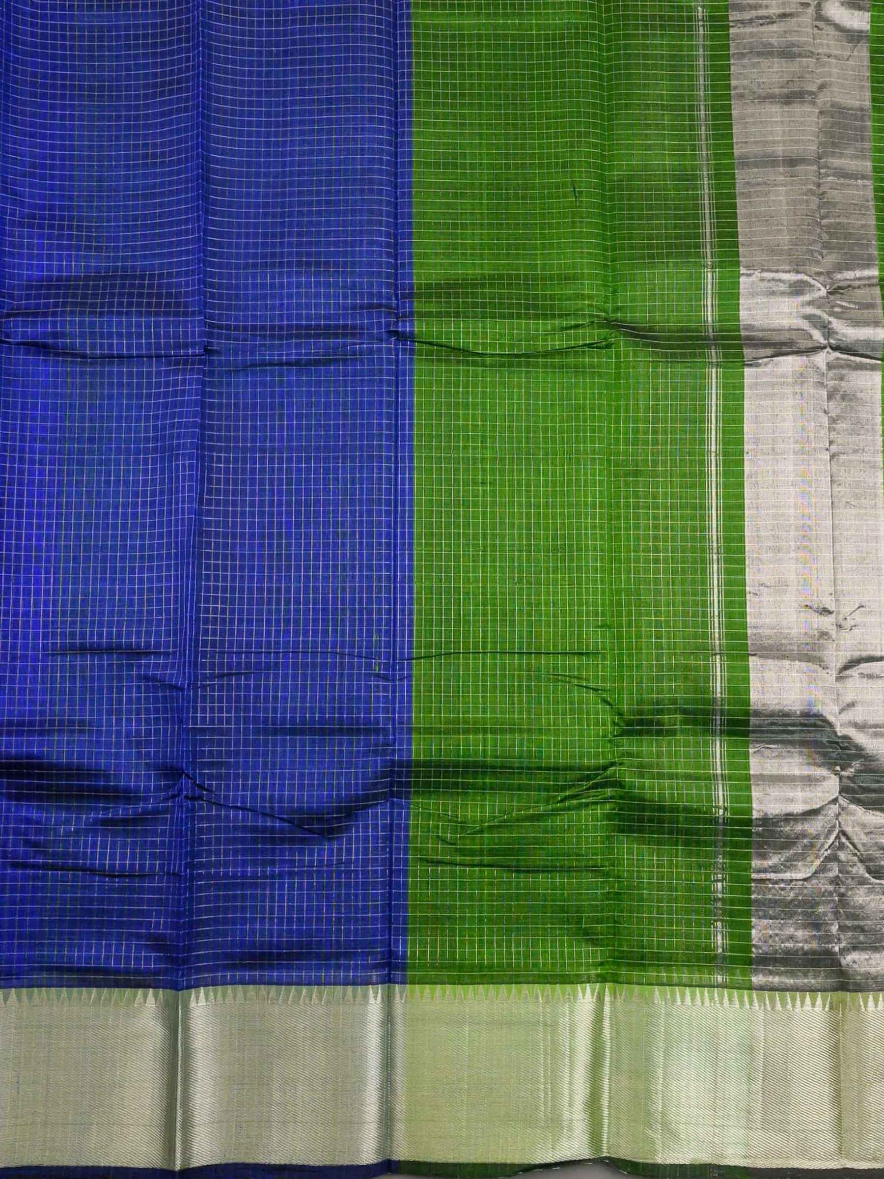 Handloom Mangalagiri Silk Cotton Saree in Blue and Green with Tissue Checked Weave