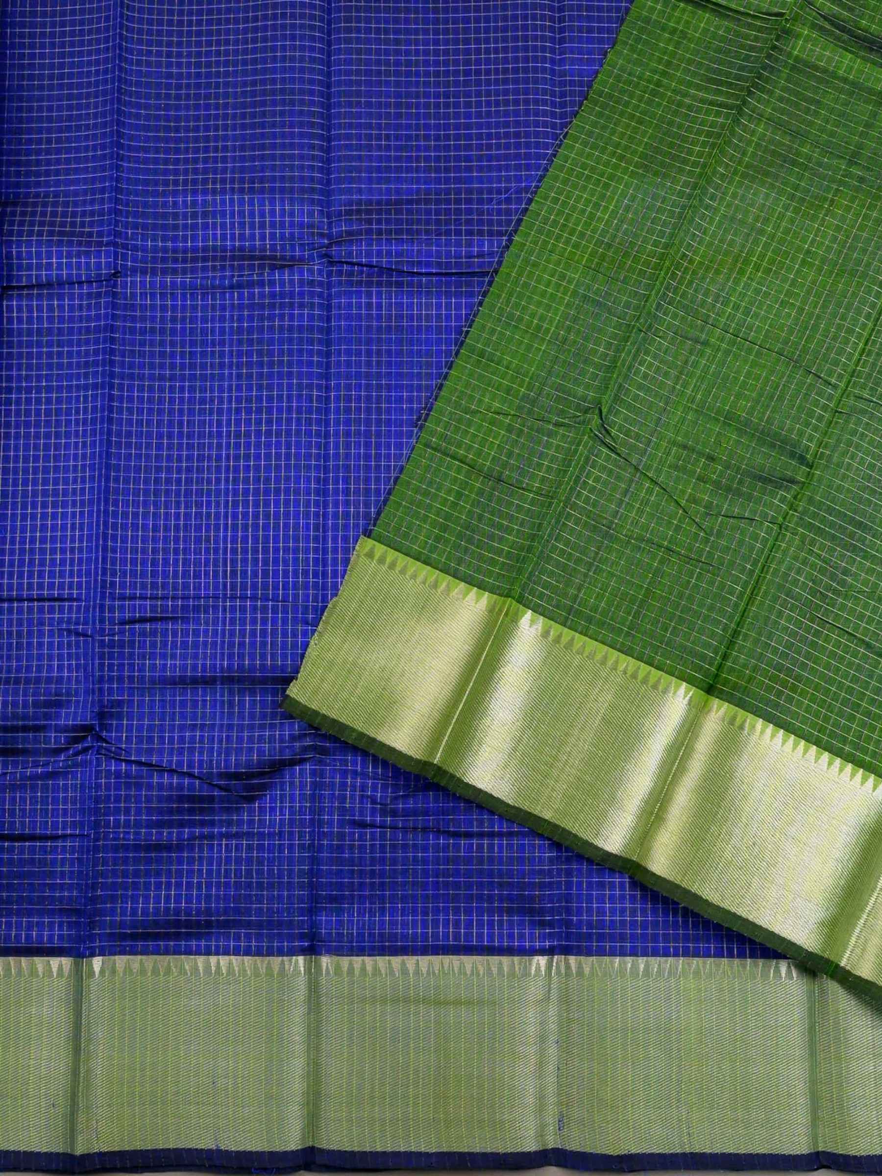 Handloom Mangalagiri Silk Cotton Saree in Blue and Green with Tissue Checked Weave