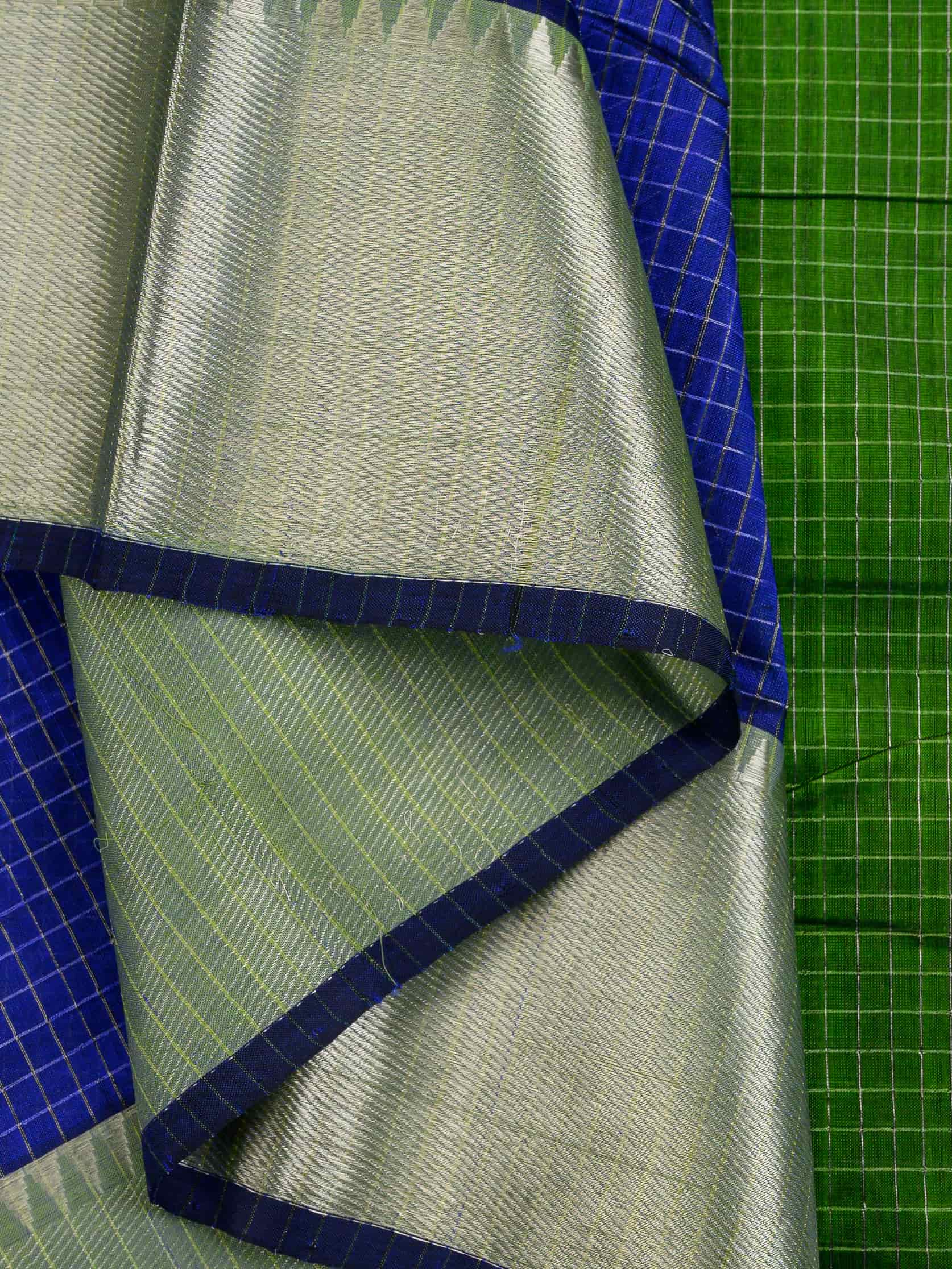 Handloom Mangalagiri Silk Cotton Saree in Blue and Green with Tissue Checked Weave