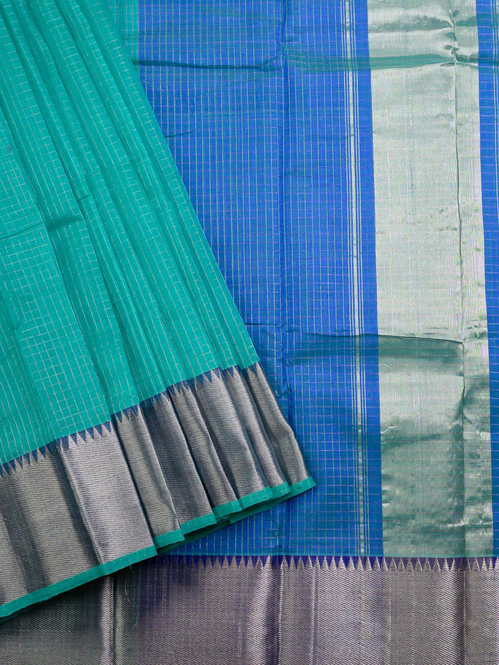 Handloom Mangalagiri silk cotton saree in teal and blue with tissue checks