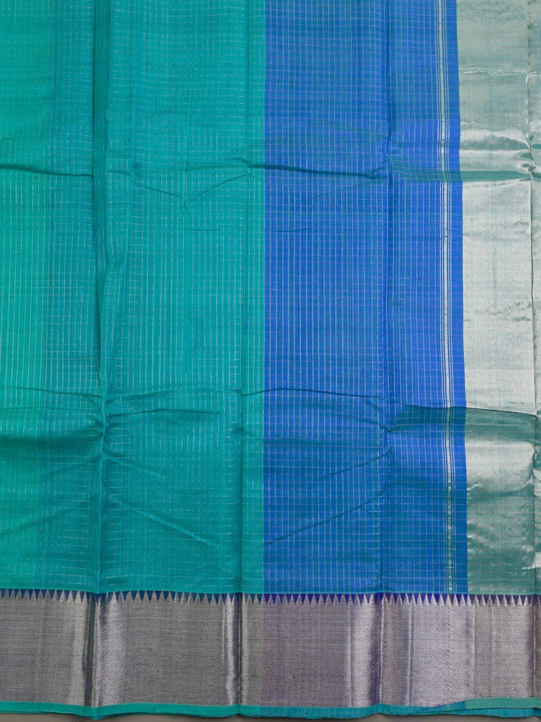 Handloom Mangalagiri Silk Cotton Saree in Teal and Blue with Tissue Checked Weave