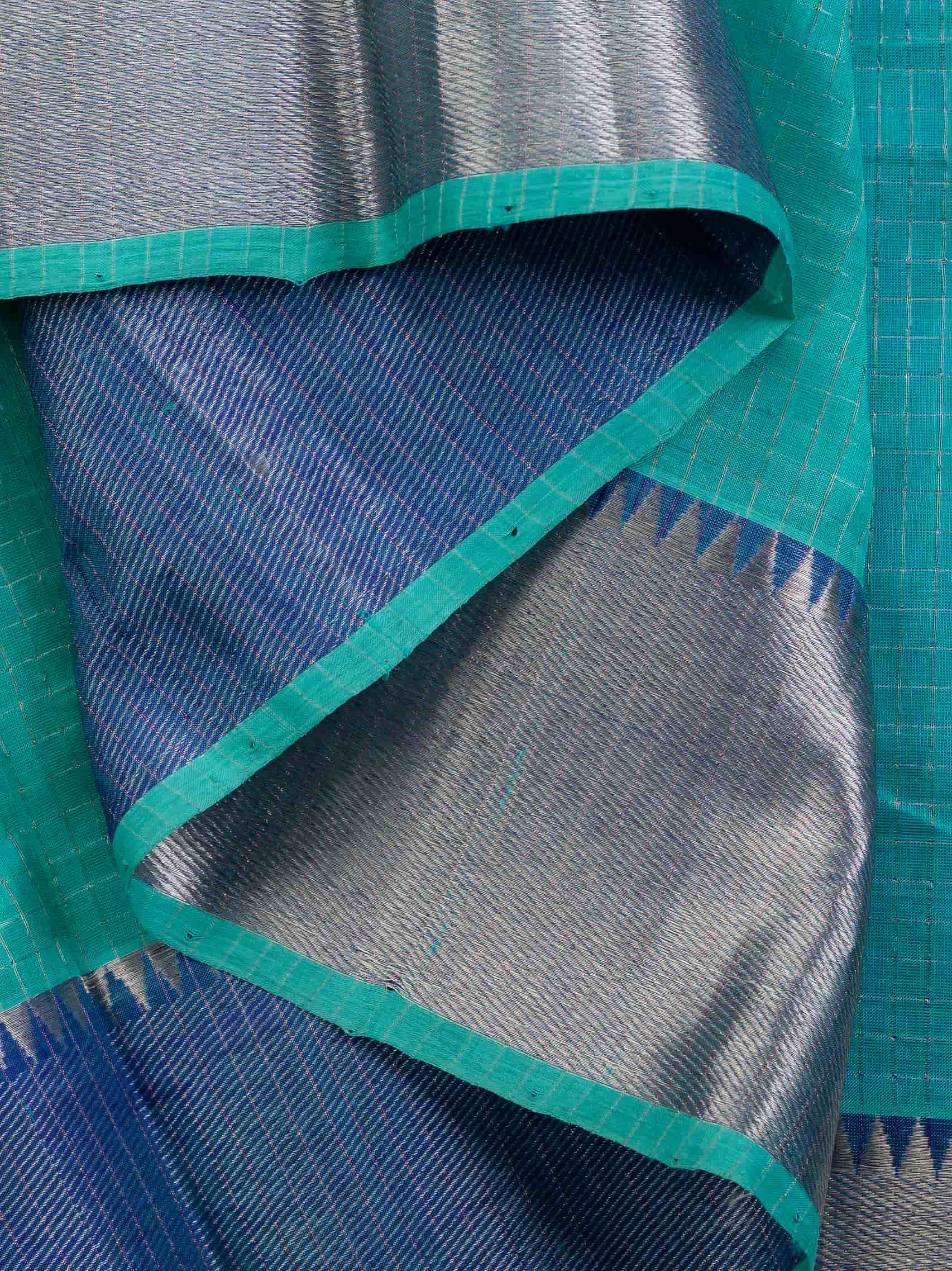 Handloom Mangalagiri Silk Cotton Saree in Teal and Blue with Tissue Checked Weave