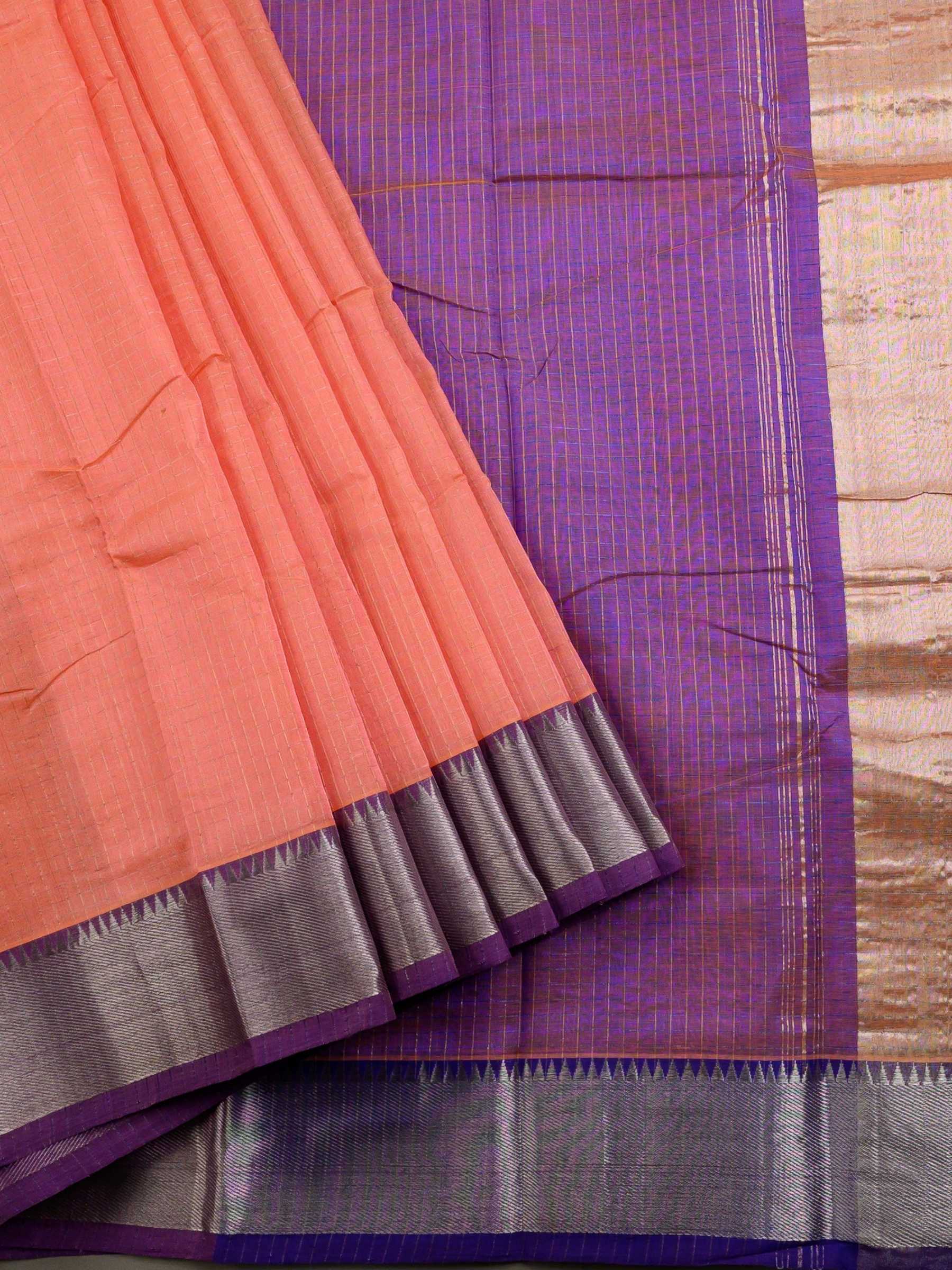Handloom Mangalagiri silk cotton saree in peach and purple with tissue checks