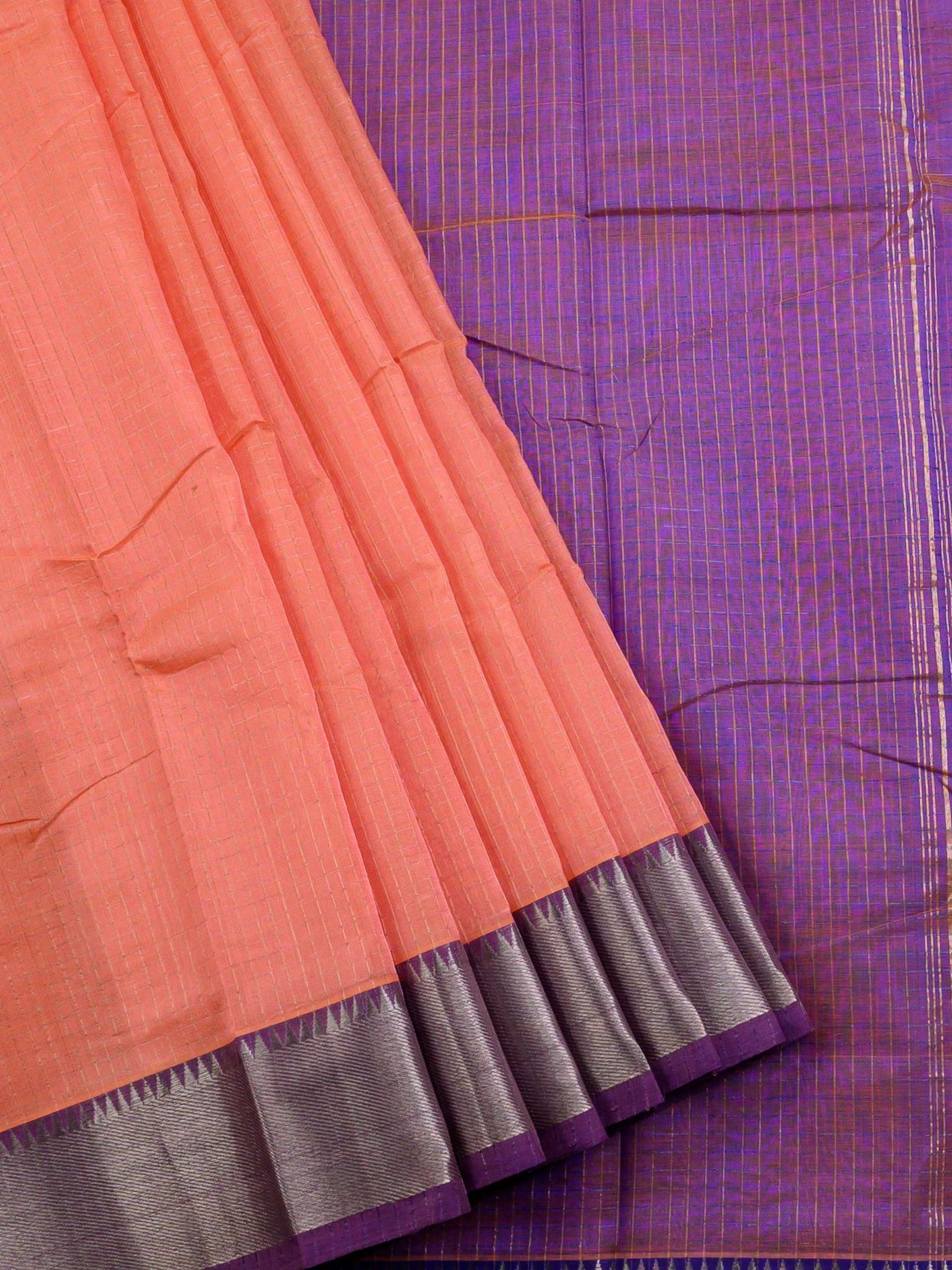 Handloom Mangalagiri Silk Cotton Saree in Peach and Purple with Tissue Checked Weave