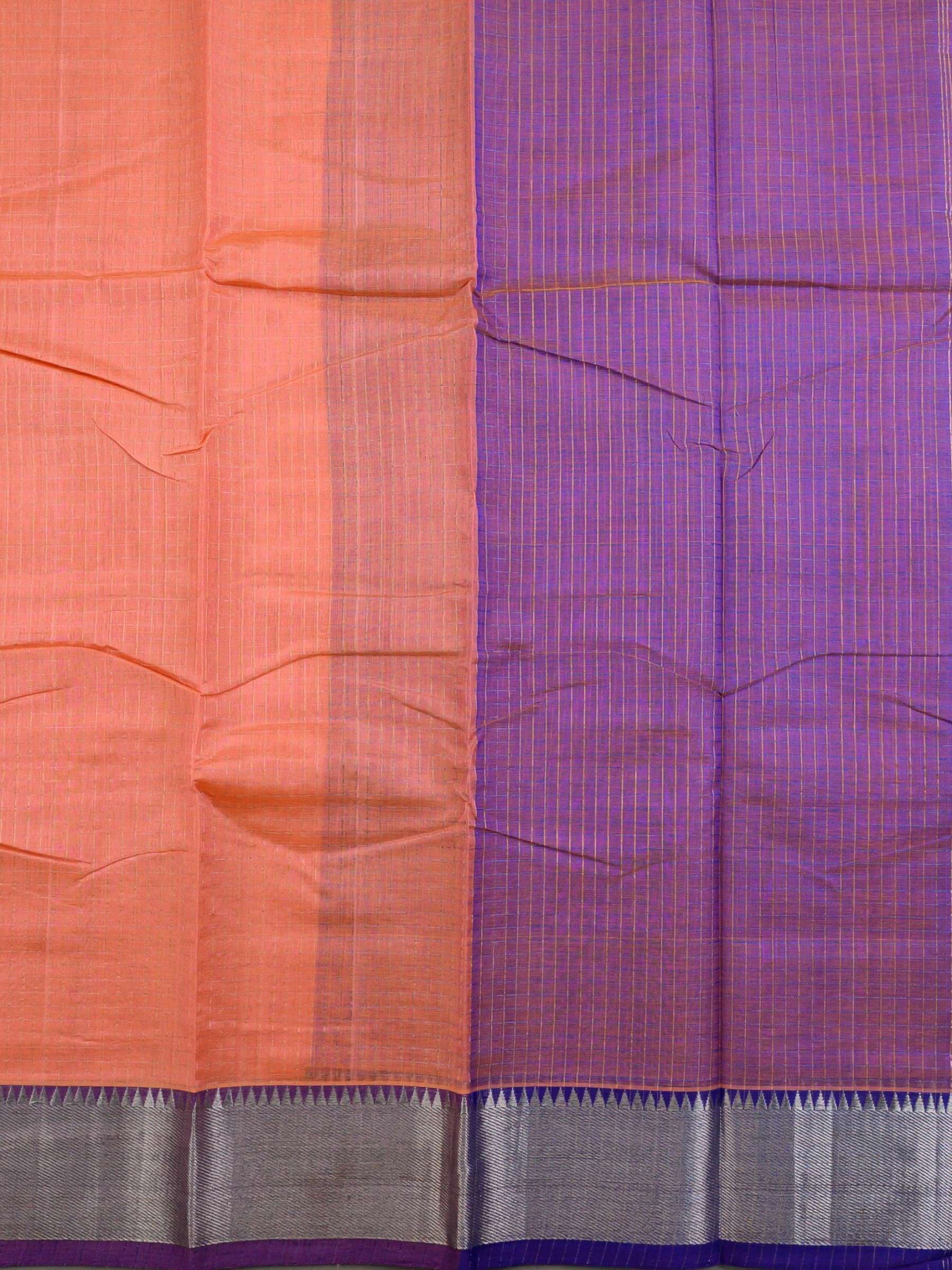 Handloom Mangalagiri Silk Cotton Saree in Peach and Purple with Tissue Checked Weave