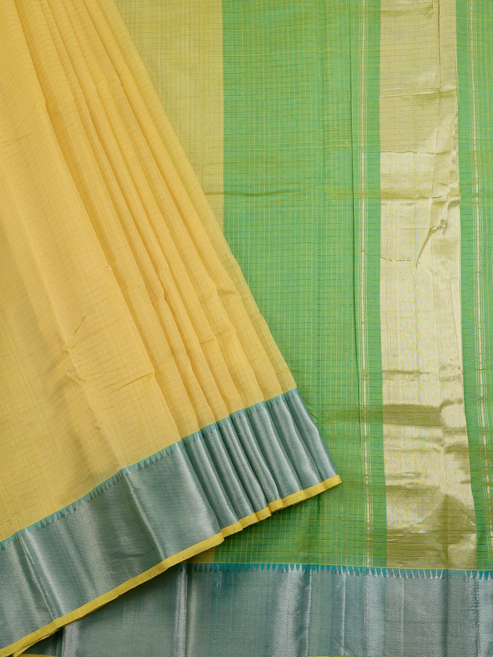 Handloom Mangalagiri silk cotton saree in yellow and green with tissue checks
