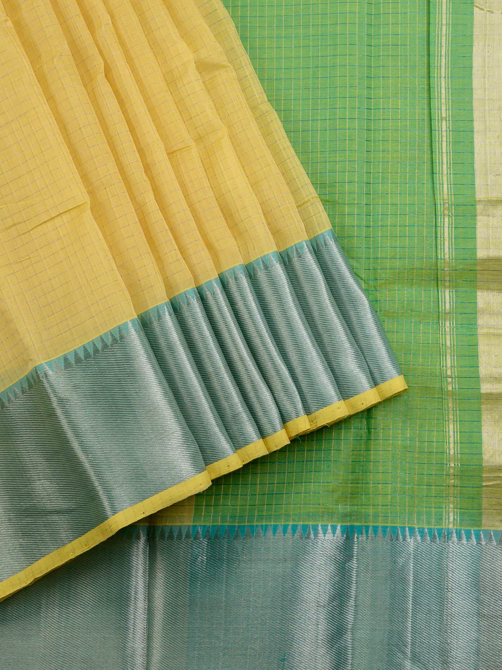 Handloom Mangalagiri Silk Cotton Saree in Yellow and Green with Tissue Checked Weave