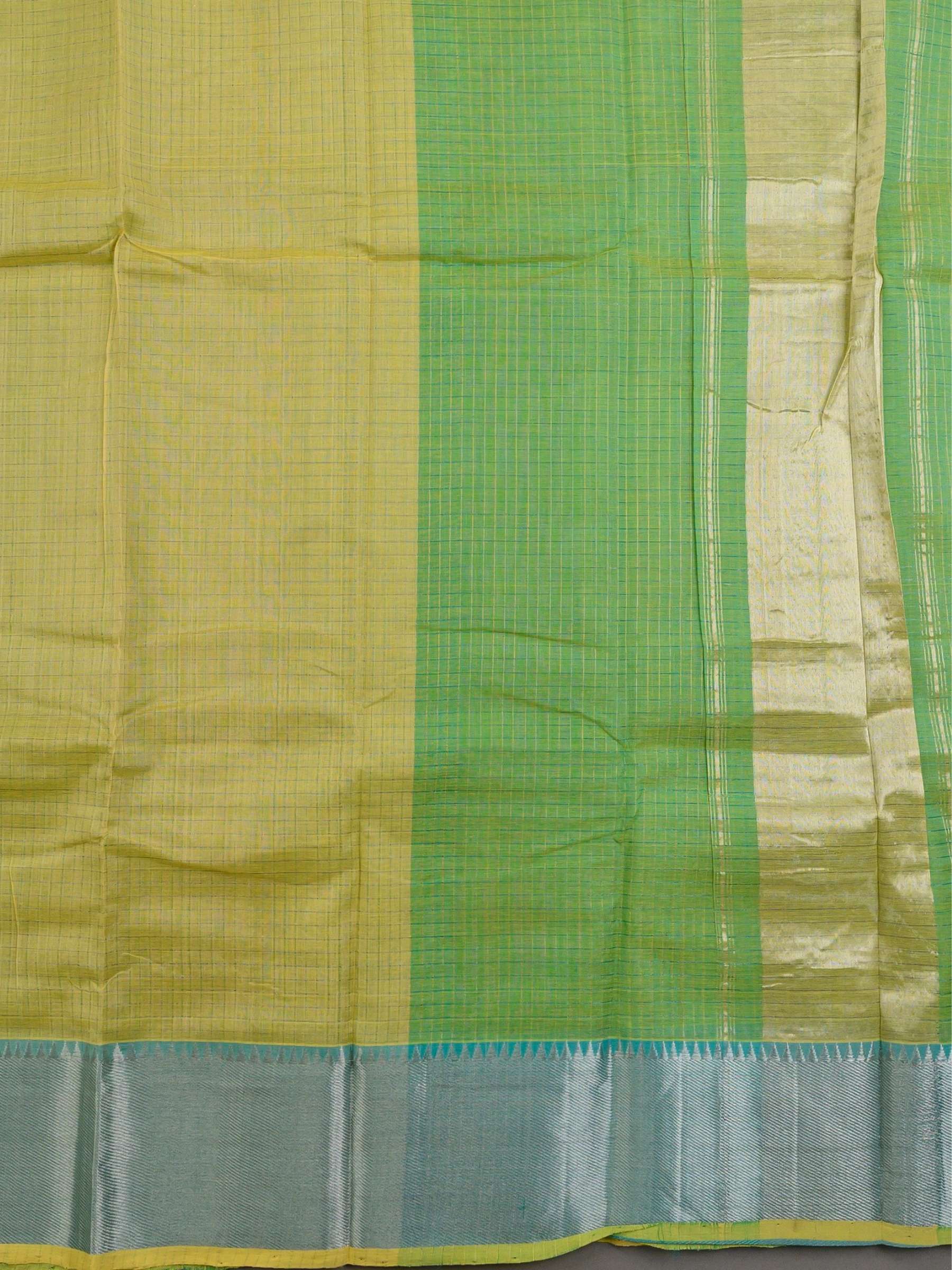Handloom Mangalagiri Silk Cotton Saree in Yellow and Green with Tissue Checked Weave