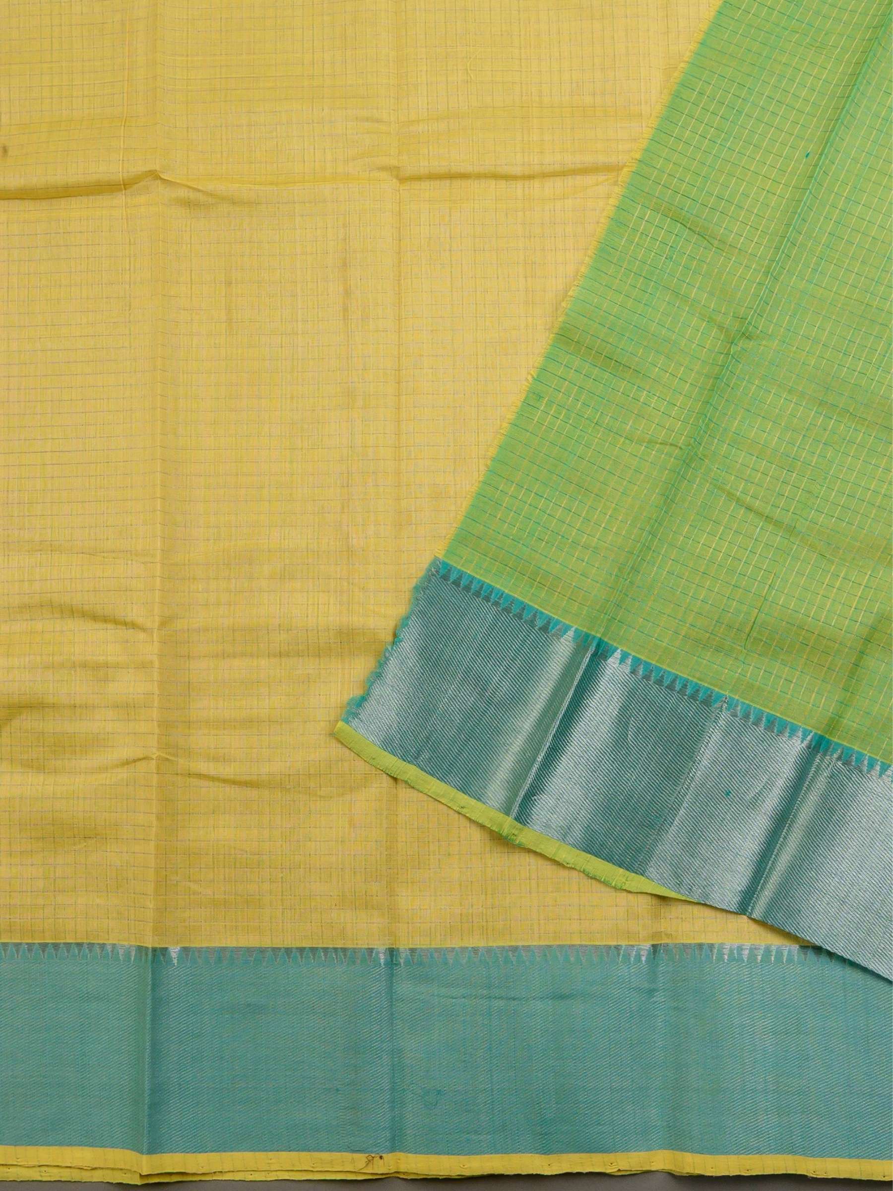 Handloom Mangalagiri Silk Cotton Saree in Yellow and Green with Tissue Checked Weave