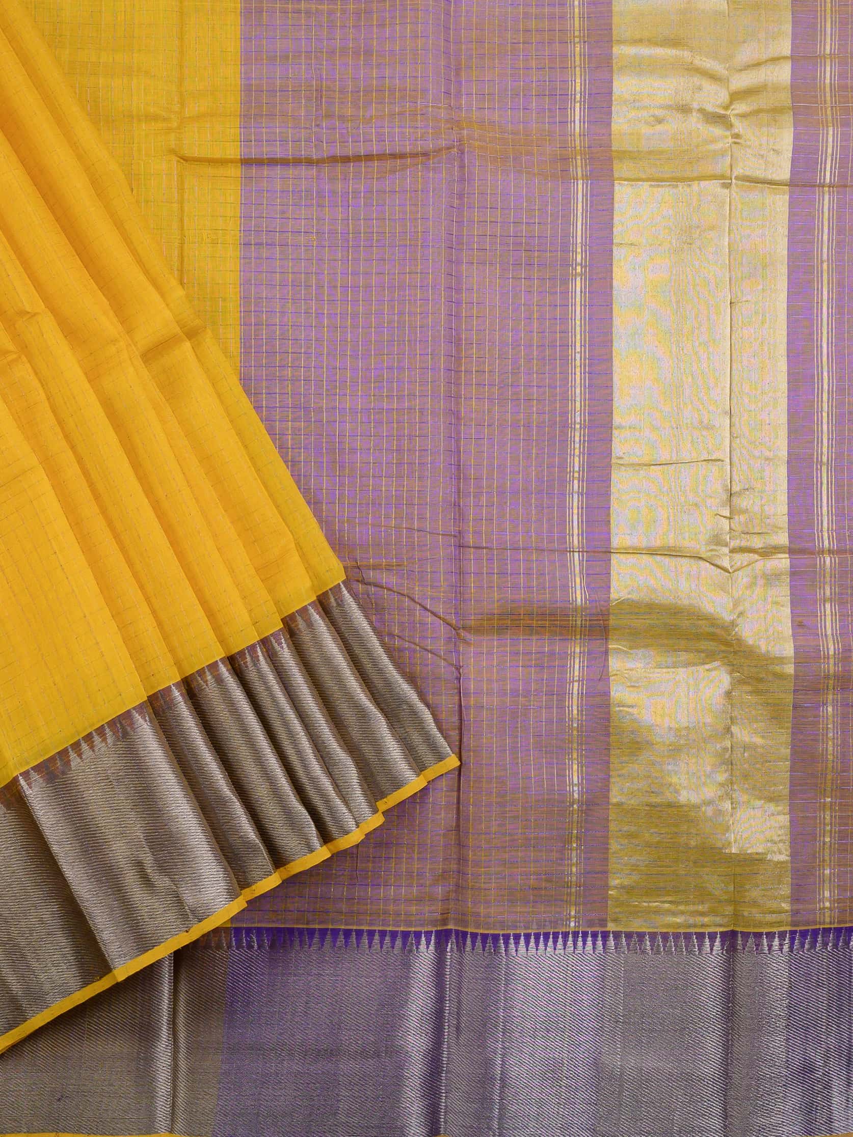 Handloom Mangalagiri silk cotton saree in yellow and purple with tissue checks